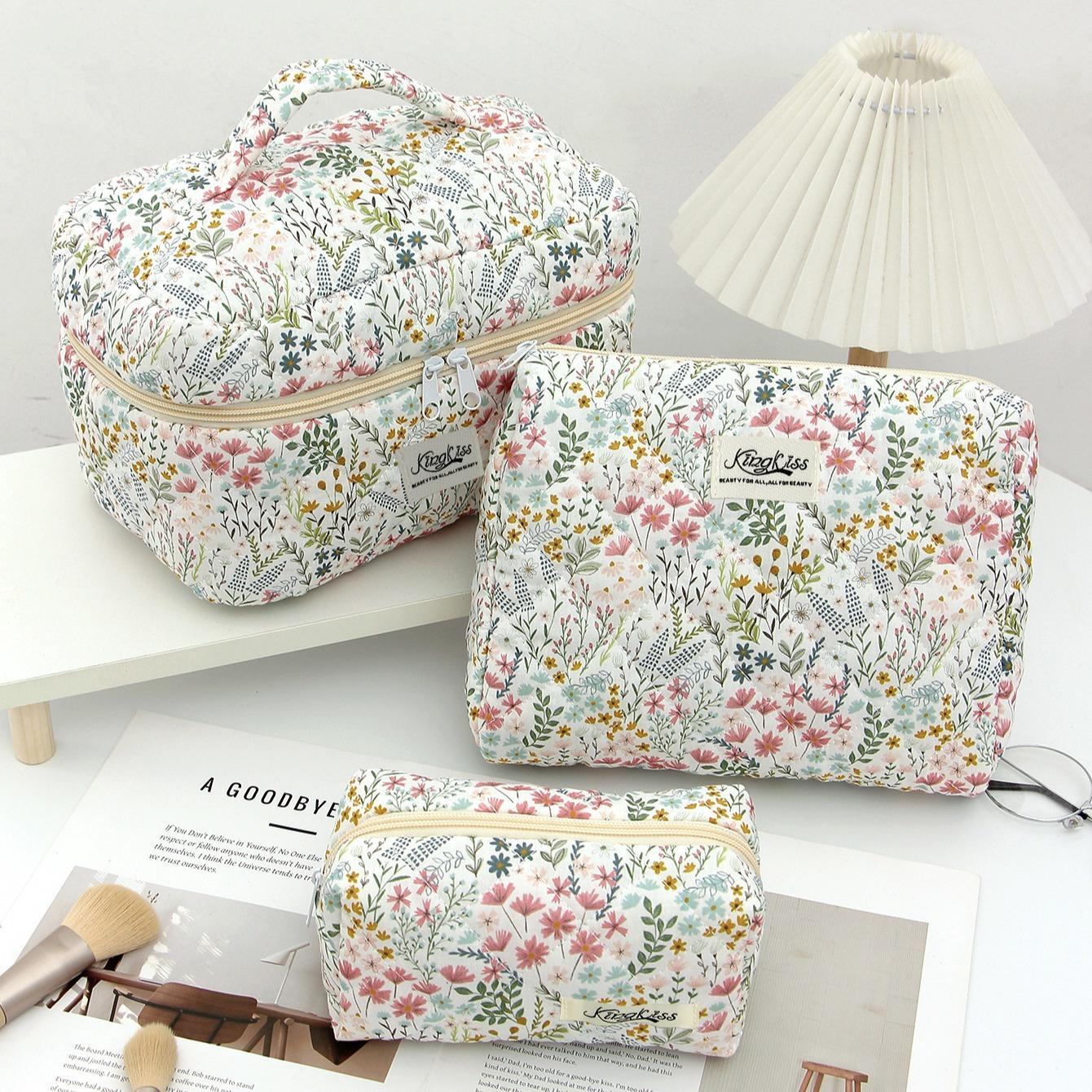 Floral Pattern Makeup Bag Set, 3 Counts Large Capacity Travel Cosmetic Storage Bag, Zipper Makeup Organizer Pouch, Travel Cosmetic Bags