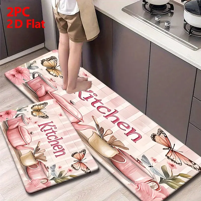 Flannel Kitchen Mat Set, Grid Watercolor Teapot Butterfly Floral, Non-Slip, Absorbent, Home Decor, Kitchen Floor Mats