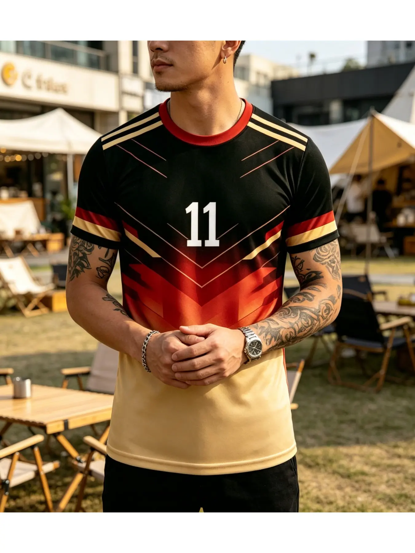 Germany Flag Gradient Sports T-Shirt, Casual Sporty Top, Block, Number 11 Chest, Soccer Watch, Fan Party, Training, Daily Wear
