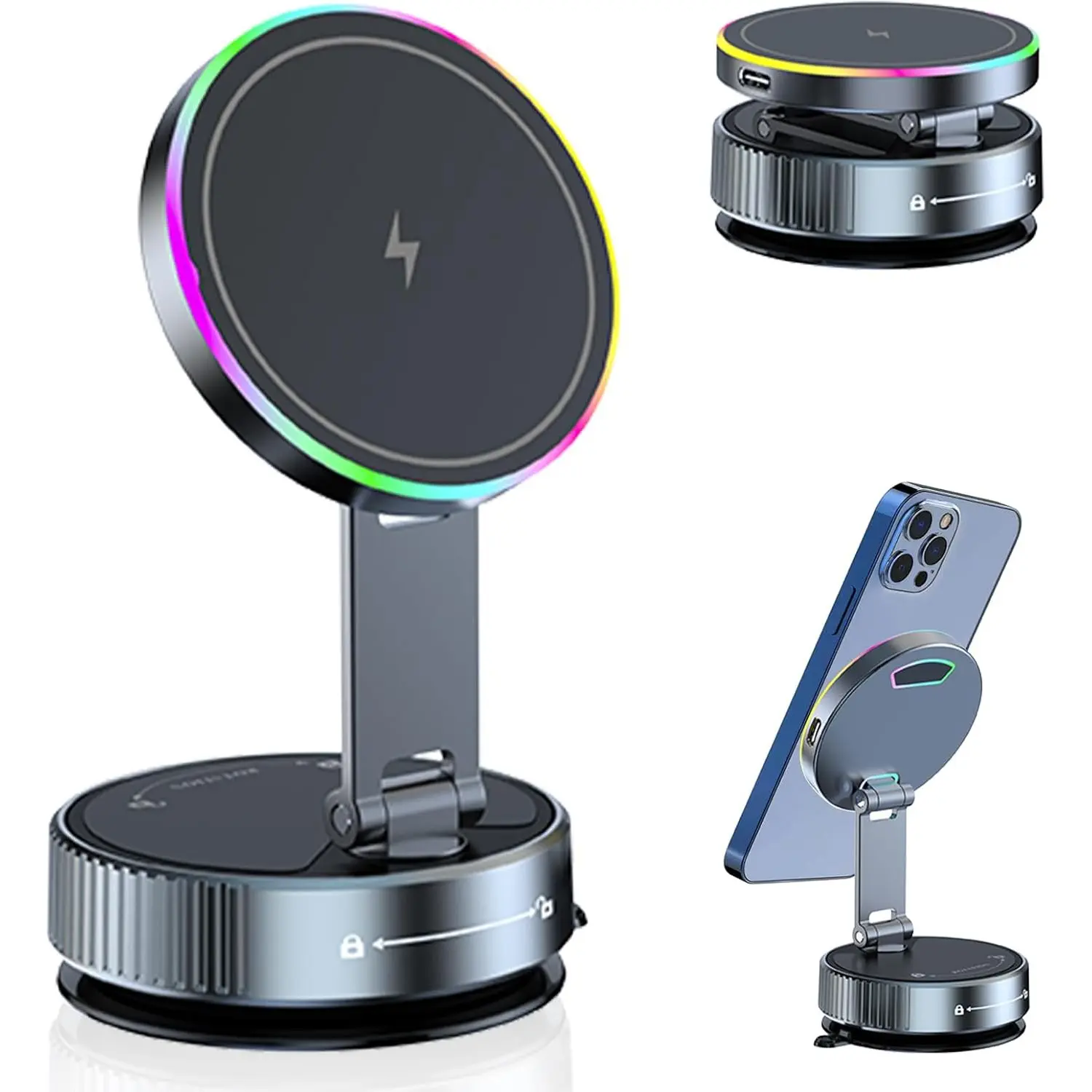Car Phone Mount Charger, Vacuum Suction Magnetic Car Phone Stand, Easy Attachment, 360° Adjustable Cell Phone Holder, 15W Fast Wireless Charging, Suitable for iPhone 12 Series or Later and Android
