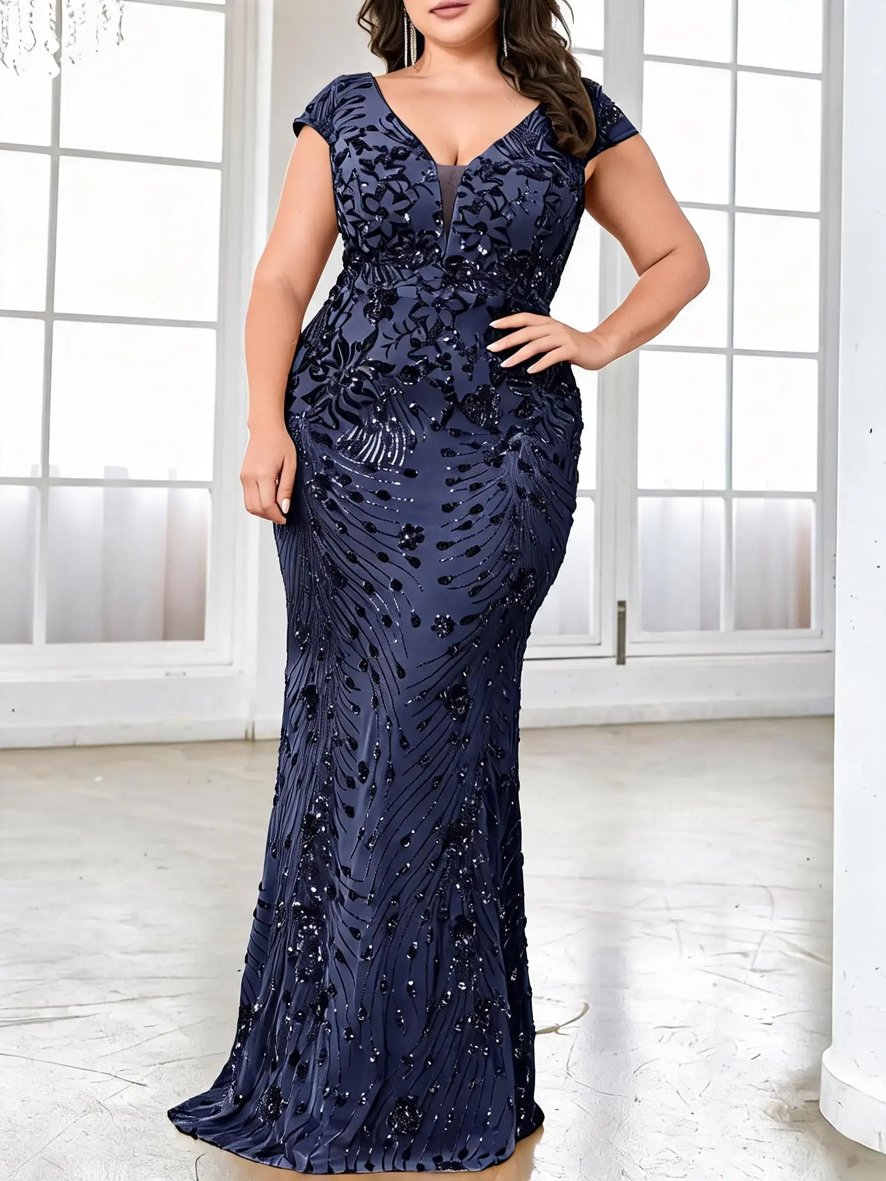 [Plus Size] Floral Sequin V Neck Evening Formal Dress, Elegant Backless Short Sleeve Zipper Back Maxi Dress for Party & Banquet, Women's Clothes for All Seasons, Fit