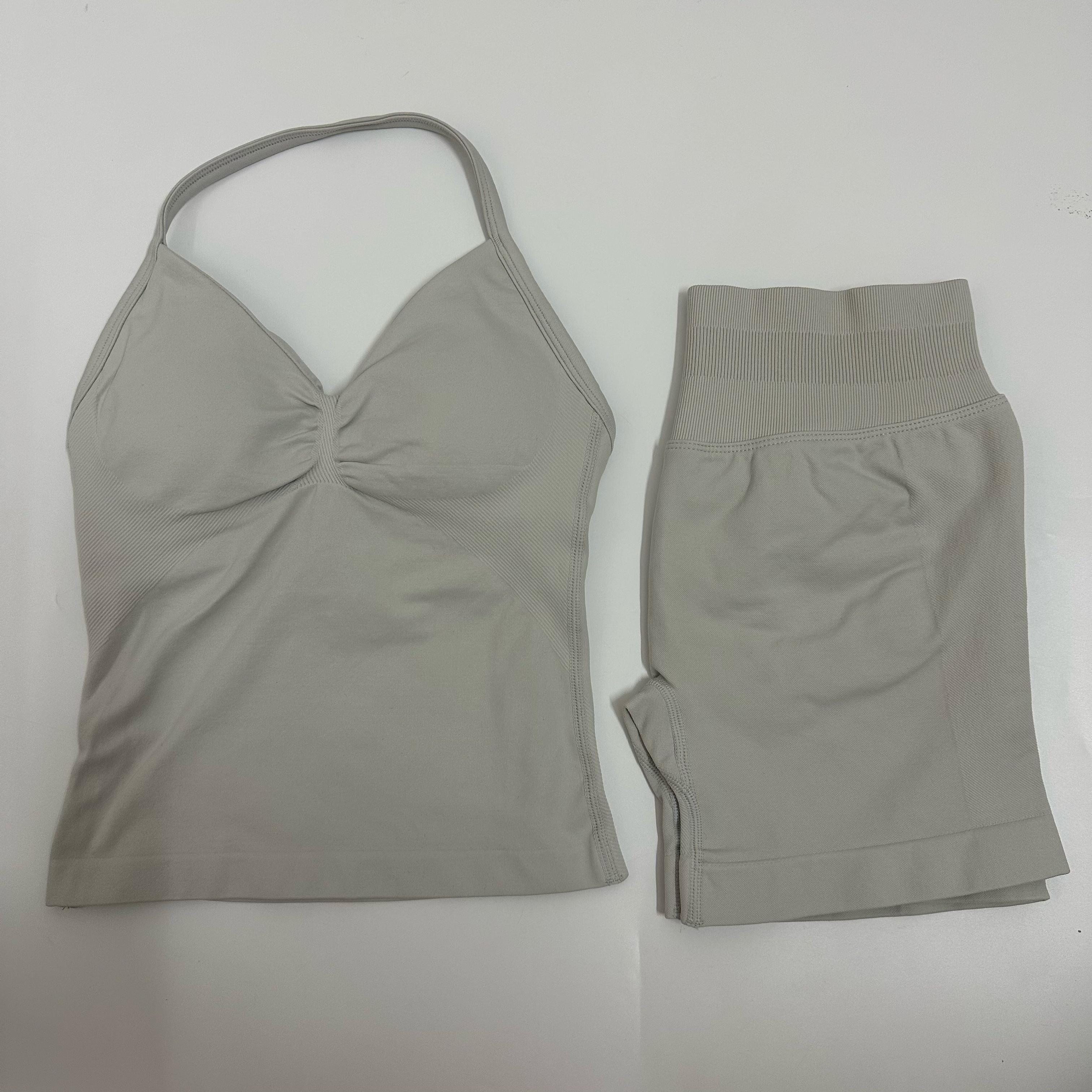 2 Pieces Women Yoga Set Seamless Yoga Longline Strappy Tank Top Scrunch Sports Shorts Gym Clothes Woman Summer Workout Outfit Athleisure Wear