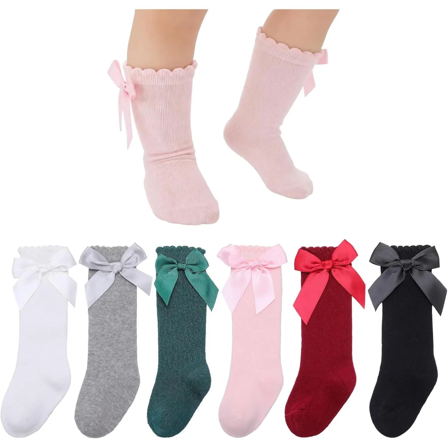 Baby Girls' Knee-High Socks - 6 Pairs Soft Cotton with Ruffle Bow Accents, Breathable Safe Material Socks for 0-12 Months Infants