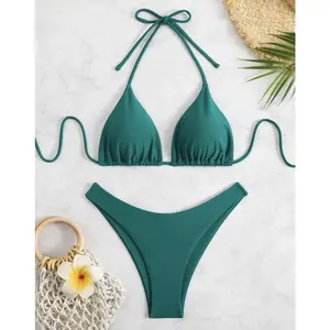 Women Thong Bikini Sexy Solid White/Black/Coffee Halter Swimsuit Lace Up Brazilian Bathing Suit 2025 New Double Fabric BeachwearBeach photography