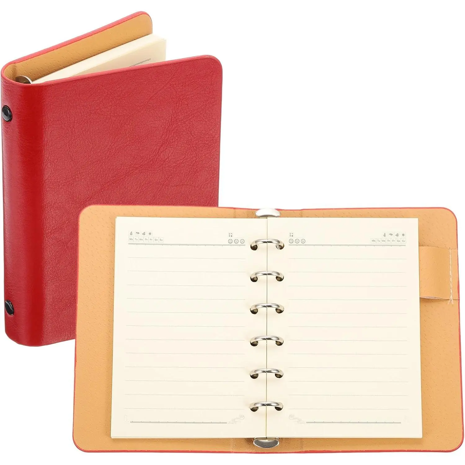 6 Ring Binder Cover, A7 Leather Notebook Binder Mini Refillable Loose Leaf Personal Planner with 50 Sheets Line Paper, Red