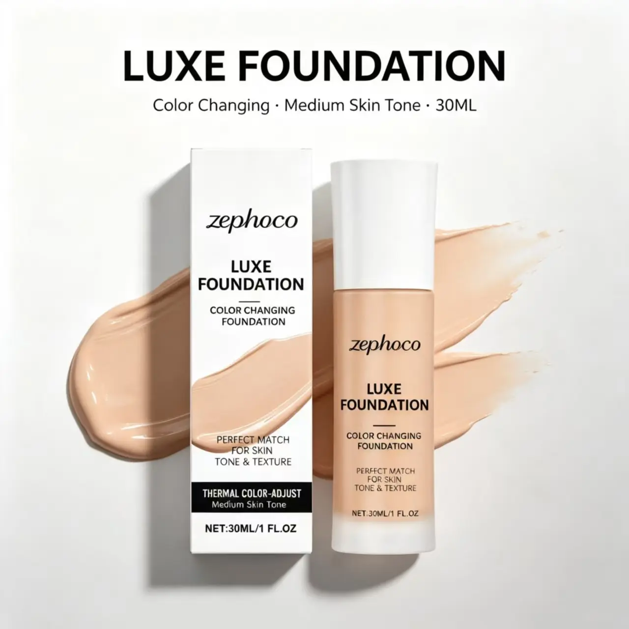 Zephoco Temperature-Adjusting Liquid Foundation (Medium Shade) - Mild, Lightweight, Skin-Friendly, Radiant Serum Base Makeup with SPF 50, Moisturizing, Mattifying, Propylene Glycol, Portable Concealer for Freckles, Blemishes, Olive Skin - Makeup Products