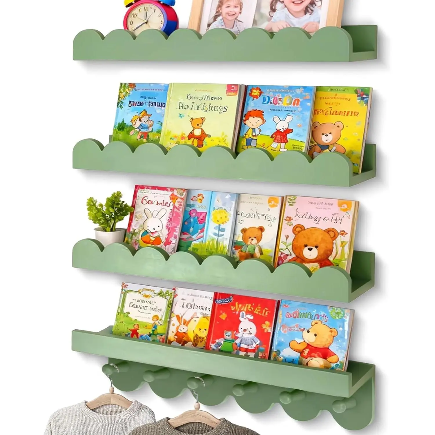 Floating Book Shelves for Wall, 16 Inch Nursery Book Shelves Wall Shelves for Kids Room Set of 4, Wood Scalloped Bookshelf for Nursery Kids Bedroom Restroom Kitchen Living Room Decor