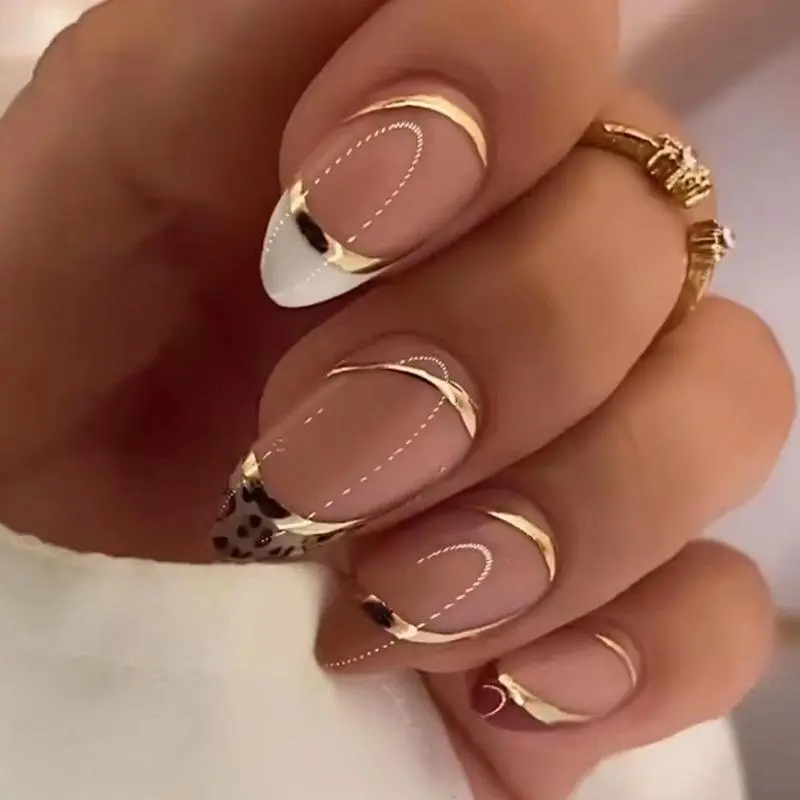 Leopard Print Press on Nails, 24pcs/set Short French Style Press on Nails for Women & Girls DIY Nail Art Design, Elegant Stick on Nails Kit, French Tip Nails, Nail Art Products