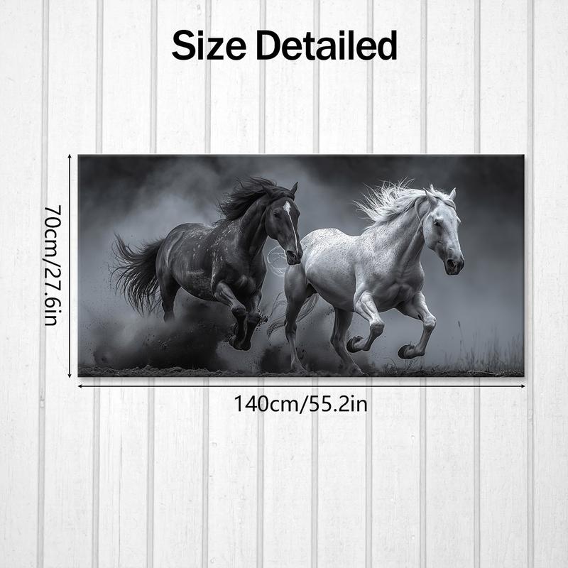 2D Flat Single Piece Wooden Frame Canvas Painting, Depicting a Black and White Horse Running in the Dust.This Exquisite Poster Can Be Used as Home Decoration and Wall Art, Suitable for Living Room, Bedroom, Office, Dining Room