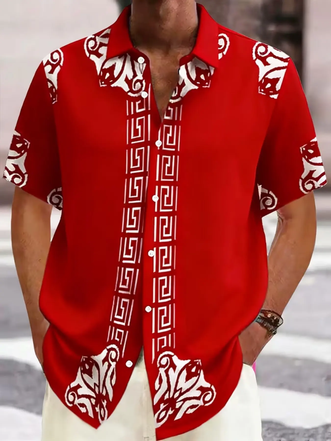 Men's Lapel Short Sleeve Button Down Shirt, Sublimation White Ethnic Geometric Border Print Loose Fit Blouse, Vintage Casual Summer Top For Outdoor Street Travel Holiday Beach Outfit