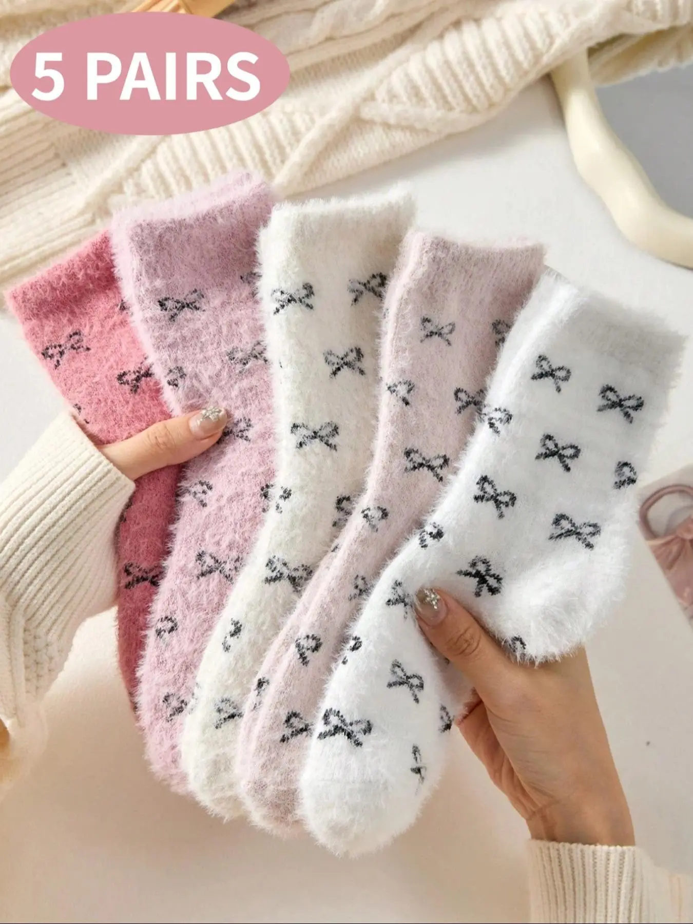 5-Pair Set of Ultra-Soft Faux Mink Fleece Mid-Calf Knitted Socks with Printed Bows for Women: Floor Socks, Knee-Highs, Casual Socks, Pink-Toned Warm House Socks Set—Coquette Bow: A Sweet Gift for Best Friends