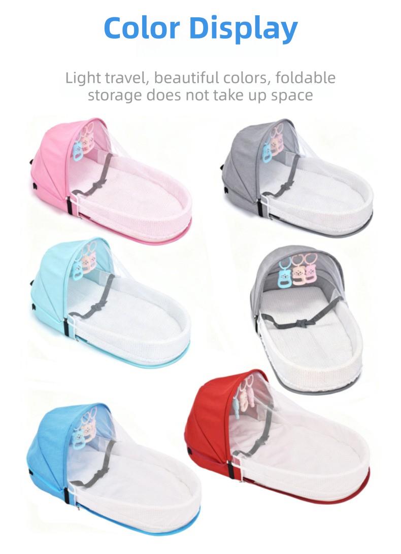 Portable Baby Bed in Bed for 0-12 Months Foldable Travel Infant Bassinet with Mosquito Net Canopy Breathable Mattress Safety Straps Carry Bag Backpack Design Includes 3 Hanging Toys