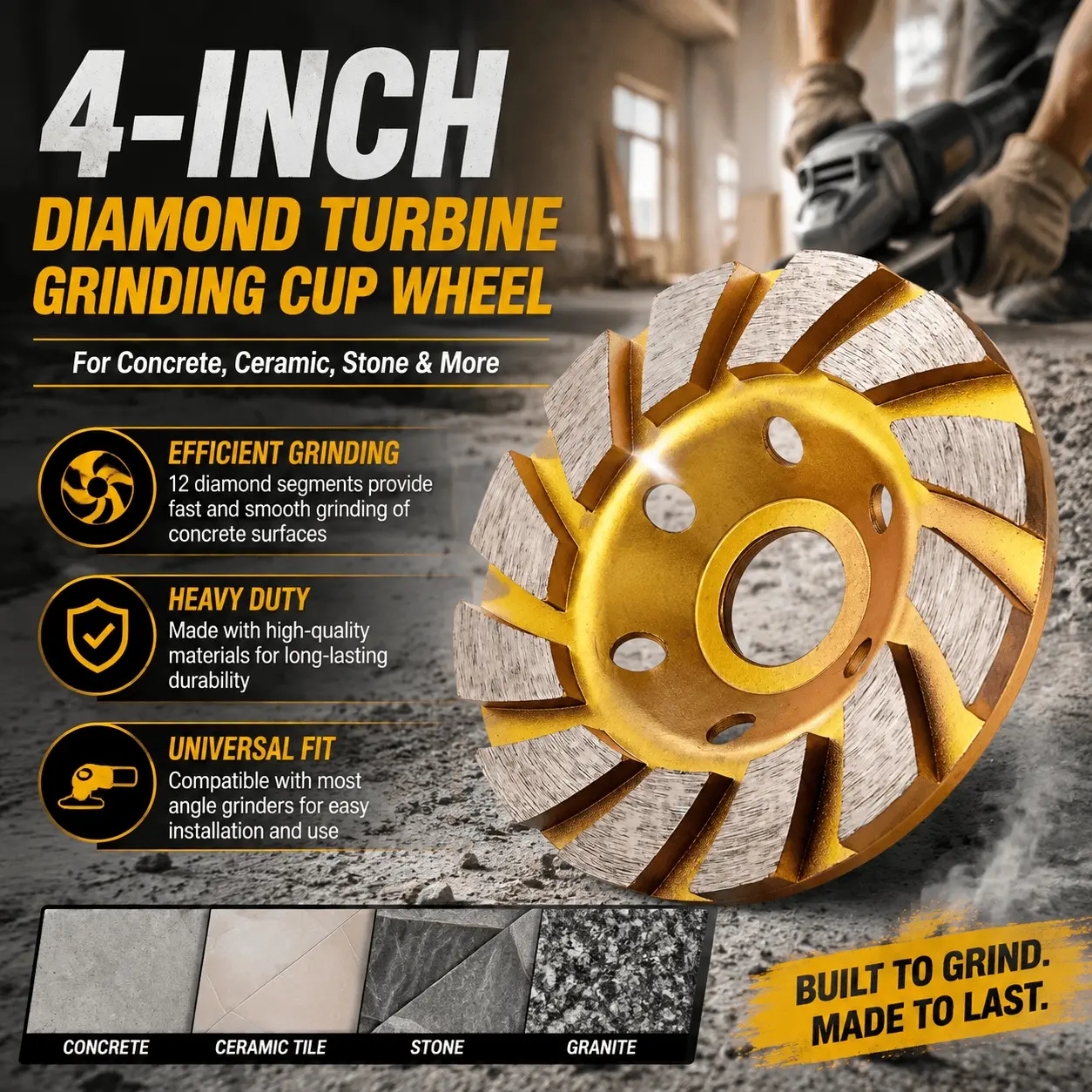 4 Inch 12 Segment Diamond Turbo Cup Wheel - Heavy Duty Angle Grinder Disc for Concrete Stone Ceramic, Quick Change, High Precision, Granite Marble Cutting & Polishing