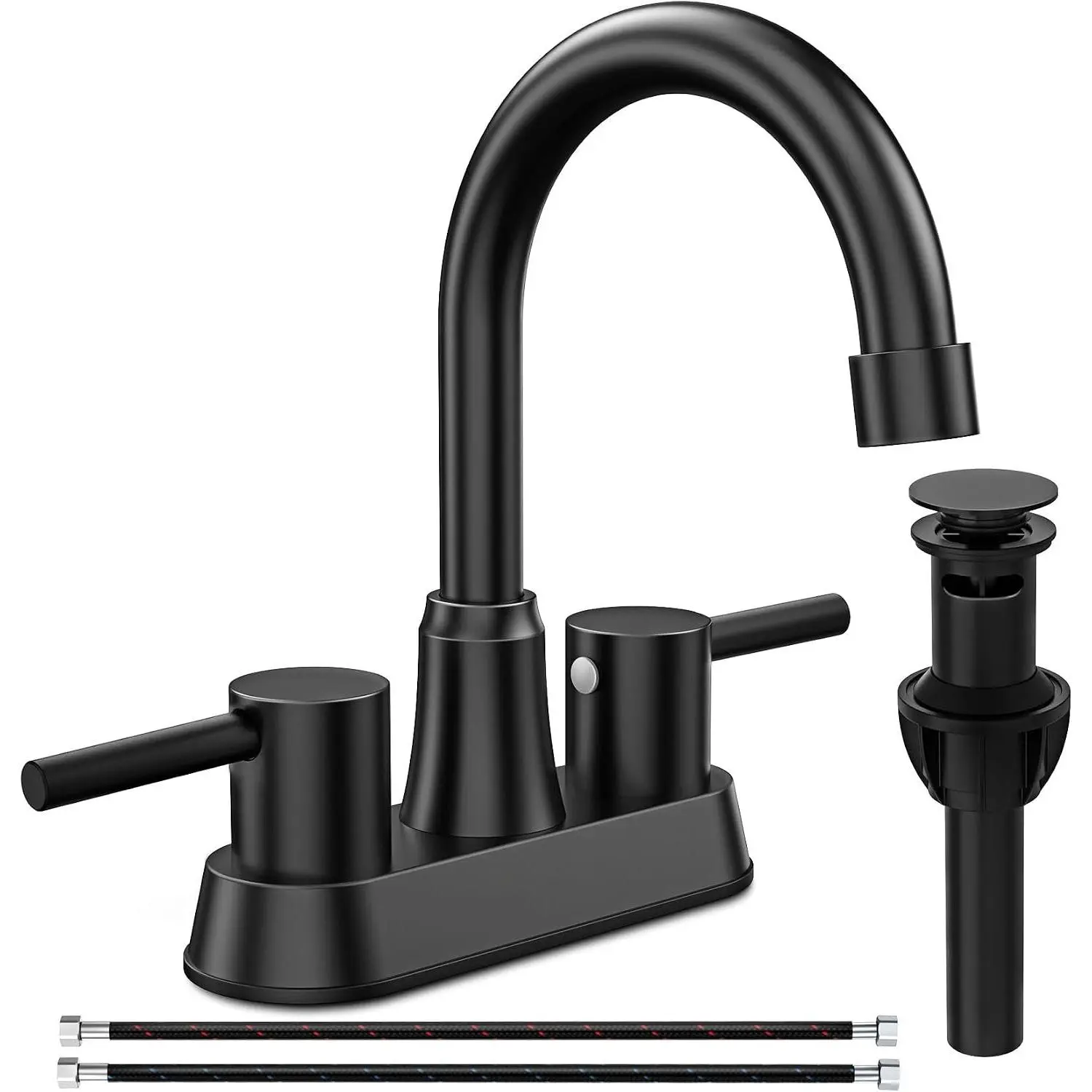 Black Bathroom Faucet 3 Hole, Bathroom Faucets for Sink 3 Hole, Bathroom Sink Faucet, 4 Inch 2 Handle Centerset, , with Copper Pop Up Drain (Matte Black)