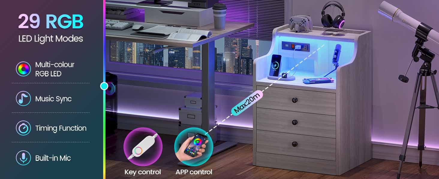 Sikaic LED Nightstand with 3 Storage Drawers Grey Modern Bedside Table RGB Lights Charging Station Engineered Wood Assembly Required Bedroom Set