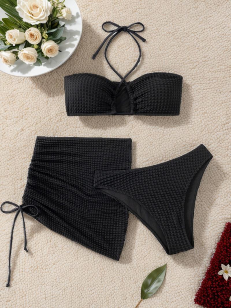 Women's 3pcs Solid Criss Cross Halter Tie Back Bra & High Cut Panty & Drawstring High Waist Sheer Skirt Swimsuit Set, Textured Swim Bra & Swim Panty & Swim Skirt, Summer Beach Party Swimwear Set for Women, Bikini Swimsuit