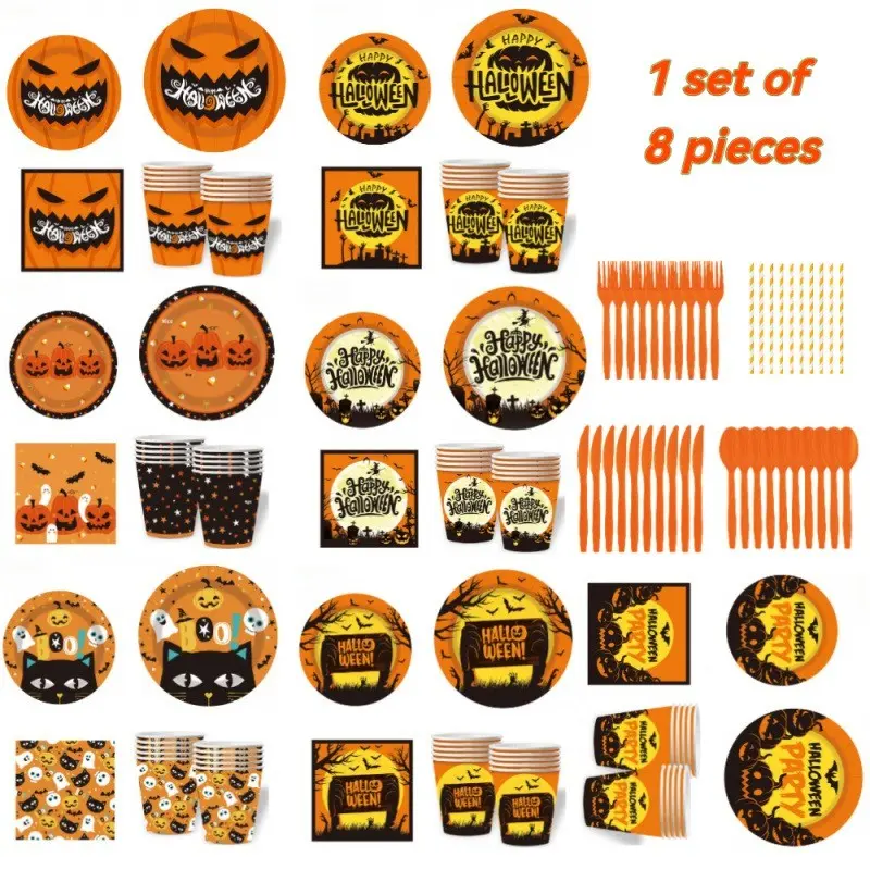 1set 8Pcs Set For 10 Guests Halloween Disposable Tableware Dinnerware Set Spooky Cute Gothic Cartoon Aesthetic Paper Plates Cups Napkins Knives Forks Spoons Straws Pumpkin Ghost  Party Supplies