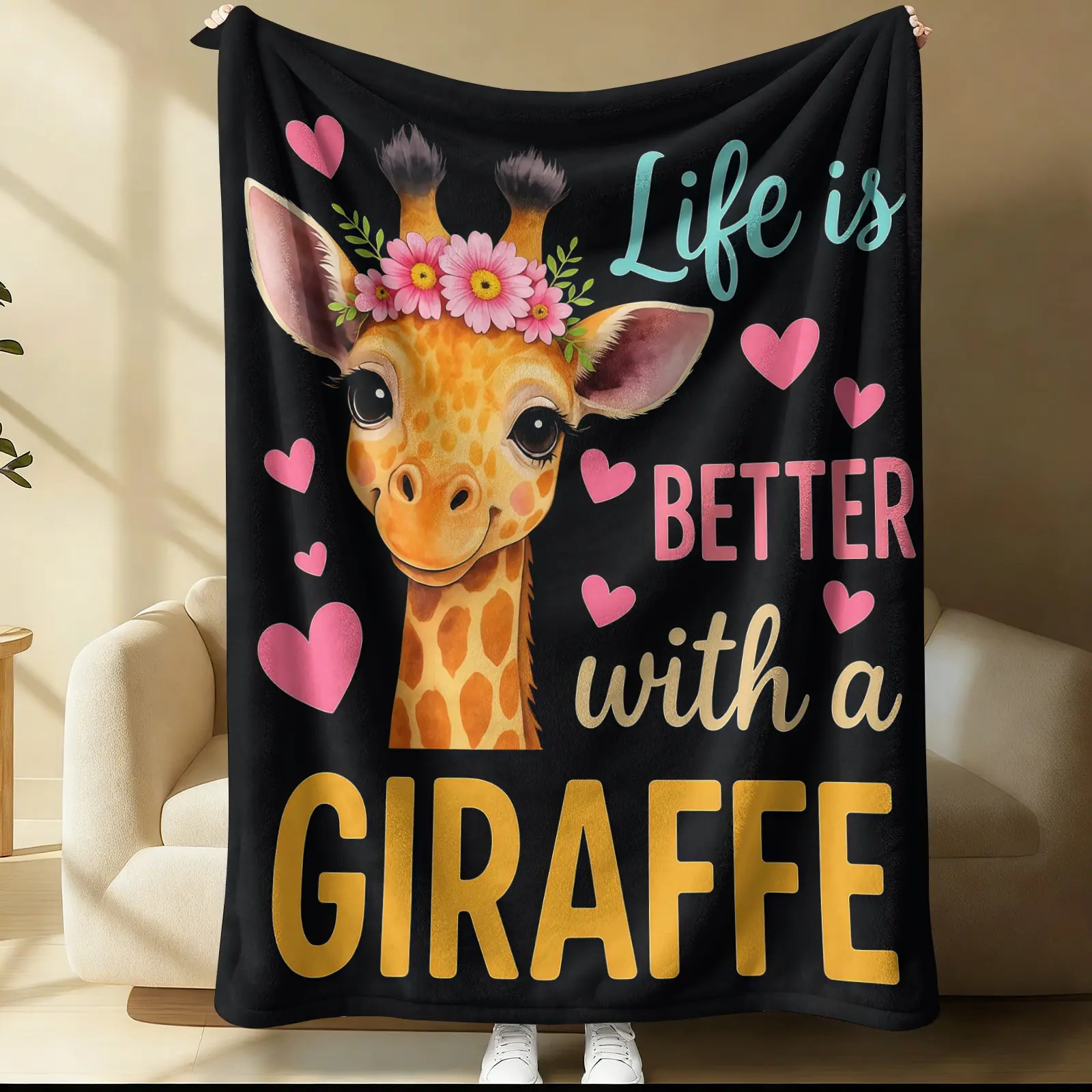 Giraffe Patterned Blanket, 1 Soft And Comfortable Single-Sided Printed Plush Blanket, a Gift For Teenagers And Adults, Suitable For Sofas, Offices, Travel, Outdoor Camping