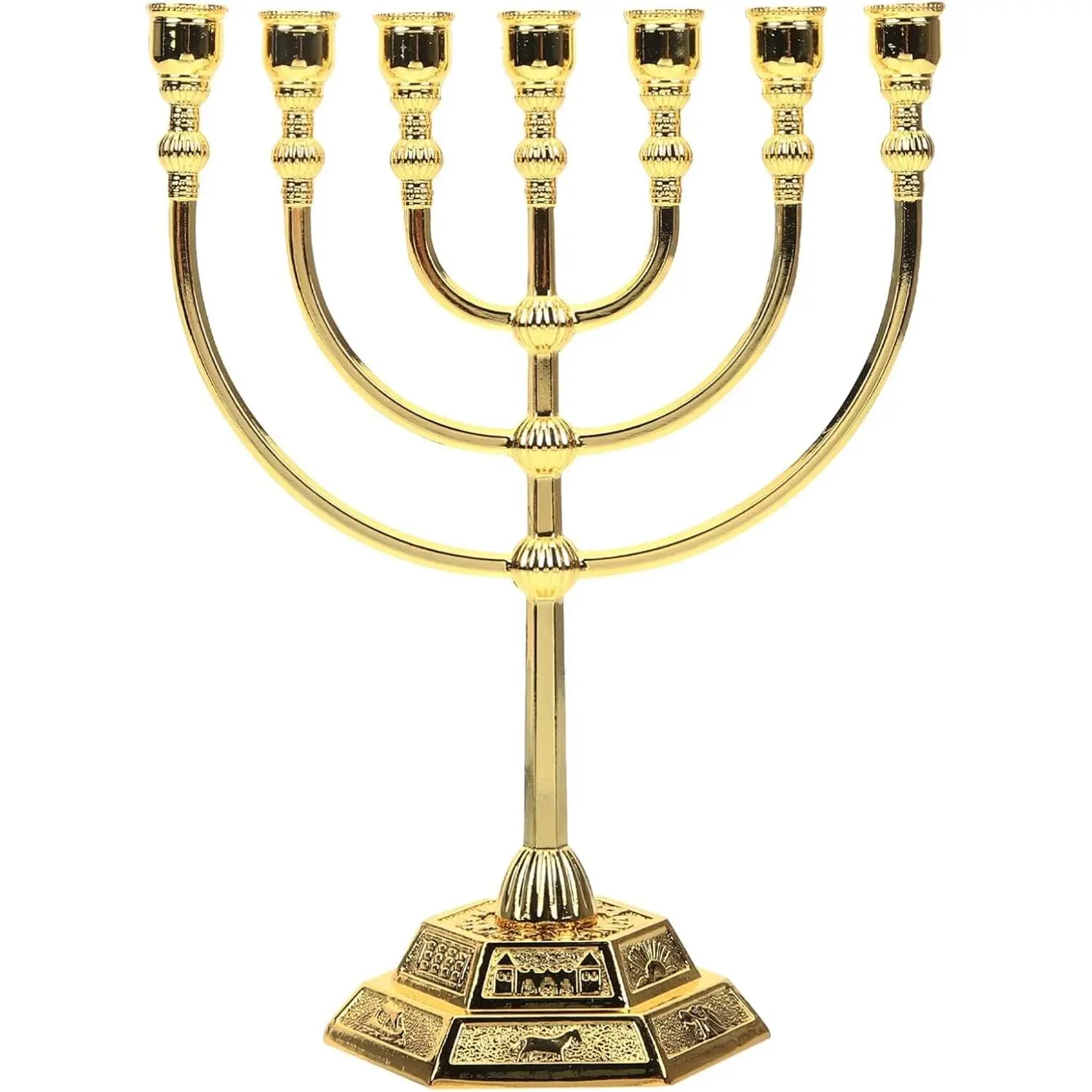 Traditional Jewish Menorah 7 Branch Candle Sticks Holder Jerusalem Temple Christmas Candle Holder 7 Branch Holy Land Table Centerpiece Home Decor 17cm Golden
