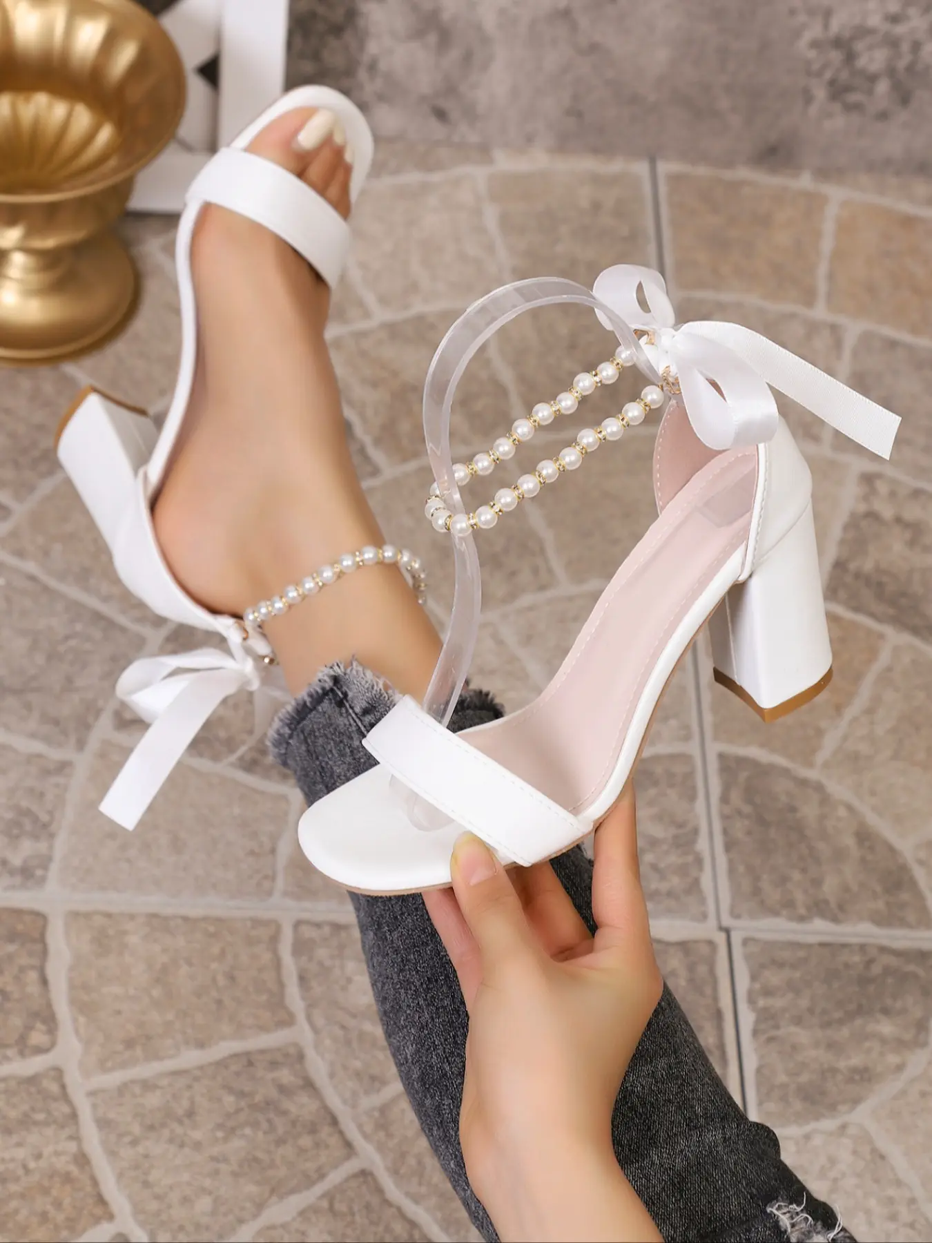 Women's Smooth PU Leather Single Front Strap Single Strand Pearl Chain Satin Bow Decor Square Open Toe Block Heel Ankle Strap Wedding Bridal Sandals, Soft Nude PU Leather Lining Insole Summer Elegant Party Dress Heels