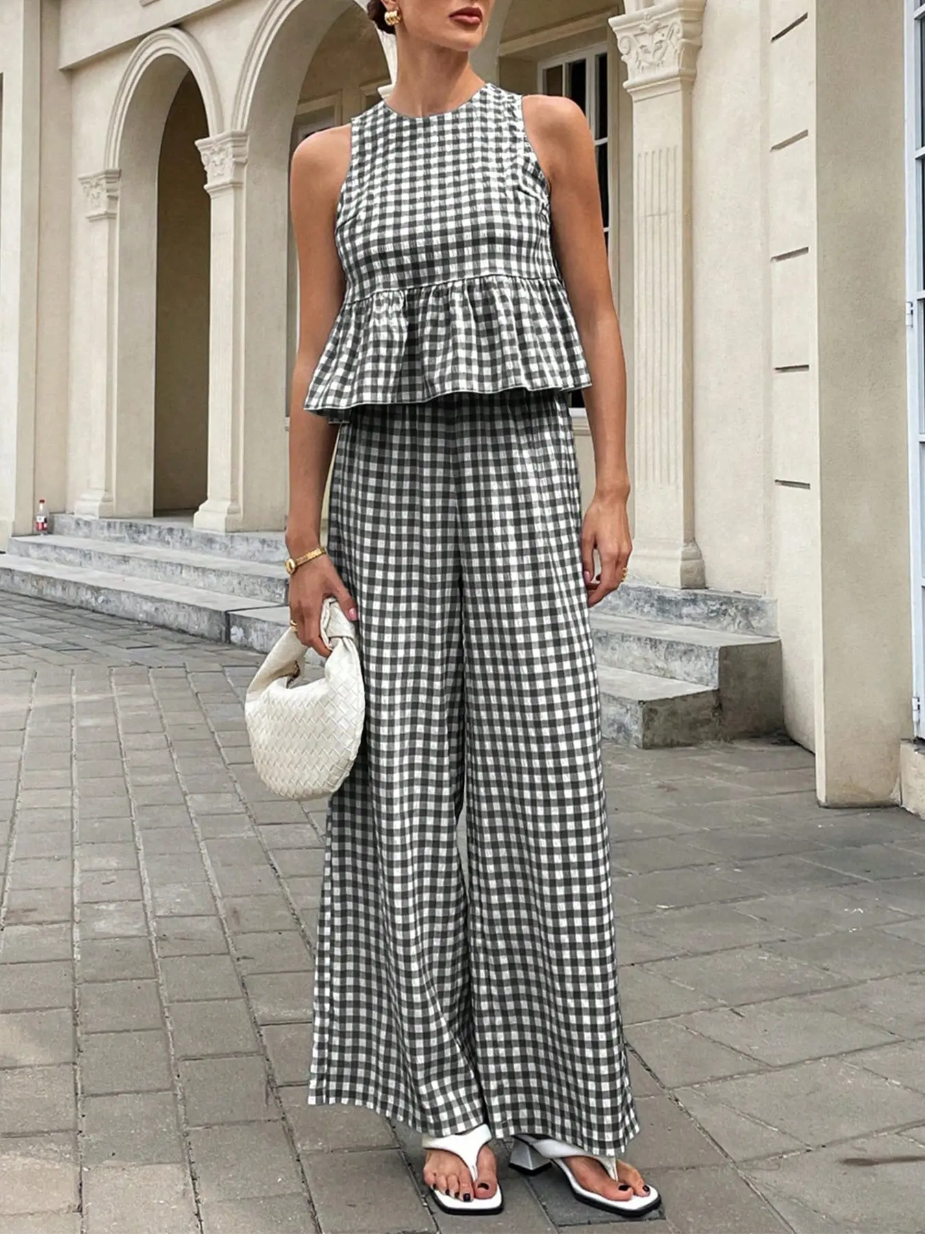 Women’s 2 Piece Gingham Plaid Set, Sleeveless Ruffle Top & Wide Leg Pants, Stylish Matching, Perfect for Casual Wear