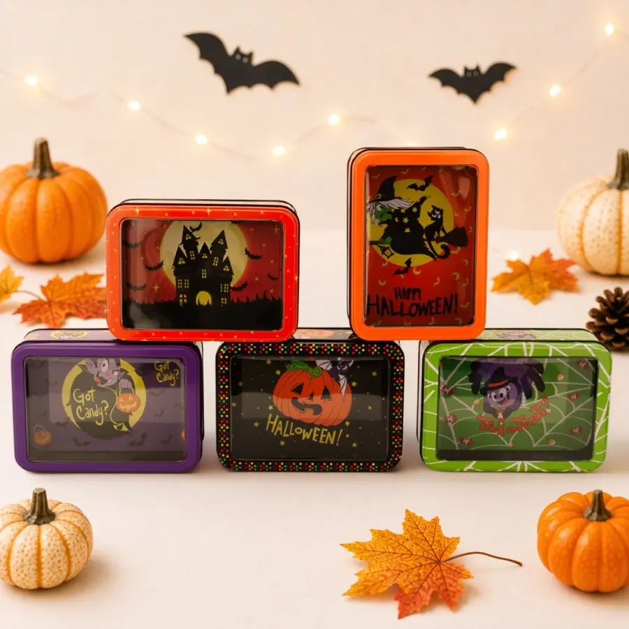 Halloween Transparent Lid Tin Box, Cartoon Witch Pumpkin Candy Cookie Storage, Festive Decoration Box, Perfect for Holiday Treats