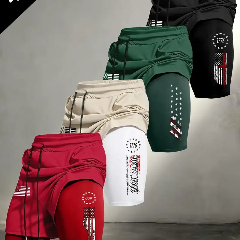 4 Pcs Men 2-in-1 Athletic Shorts, Athleisure Street Shorts, Drawstring Waist Liner, Vintage 1776 USA Flag Graphic Print Quick Dry Gym Workout Patriotic Casual Running Shorts Bundle