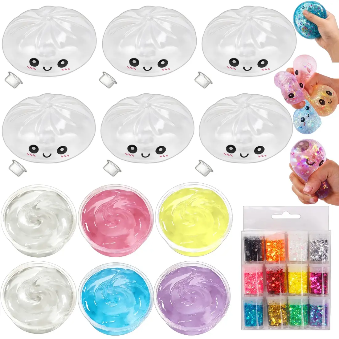Squishy Ball Kit Making Set, Includes 6 Slime Boxes, 12 Color Glitter, 6 Dough Skin Pieces, Expansion Tool, Stress Relief for Adults