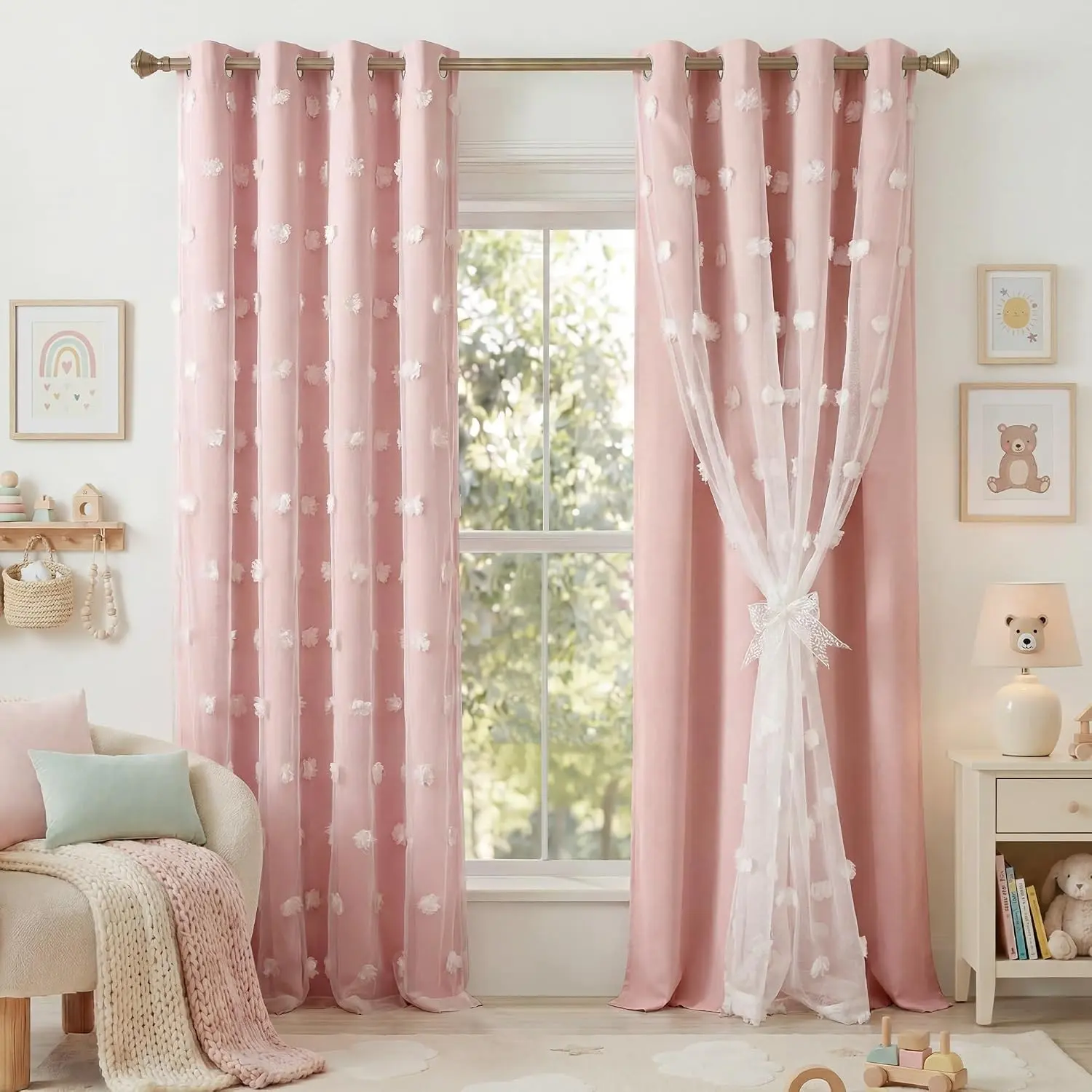 Pink Pom Pom Curtain Set for Girls Bedroom - 2 Panels Double Layer Sheer Tulle Overlay Room Darkening Drapes, Thermal Insulated Window Treatment with 2 Bow Tie-Backs, W52 x L84