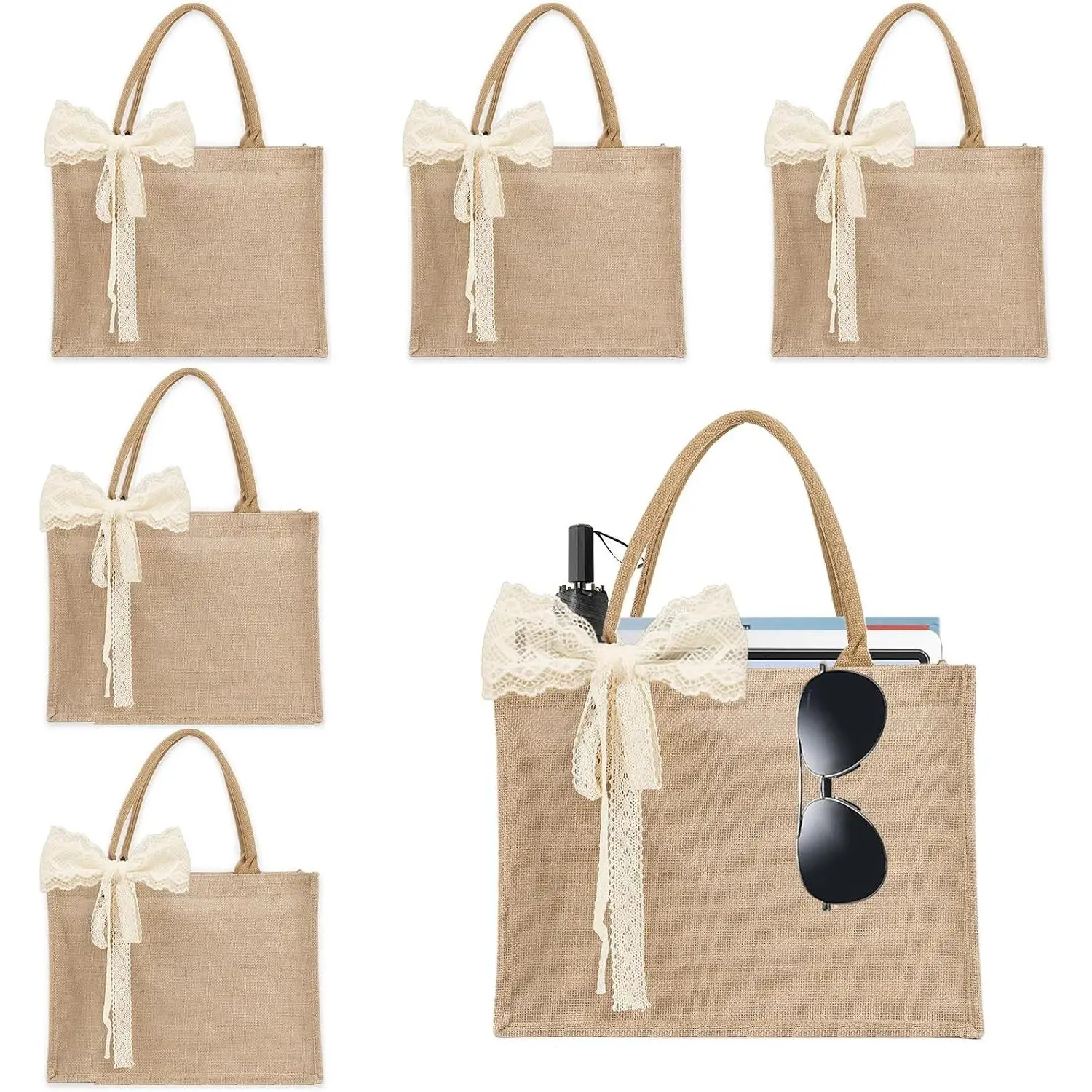 6pcs Burlap Tote Bag with Handles, Waterproof Reusable Summer Bags with Ribbon Large Jute Tote 15.35 * 6 * 12 Inch for Women Bridesmaid Gift Beach Pool Shopping Wedding Travel DIY