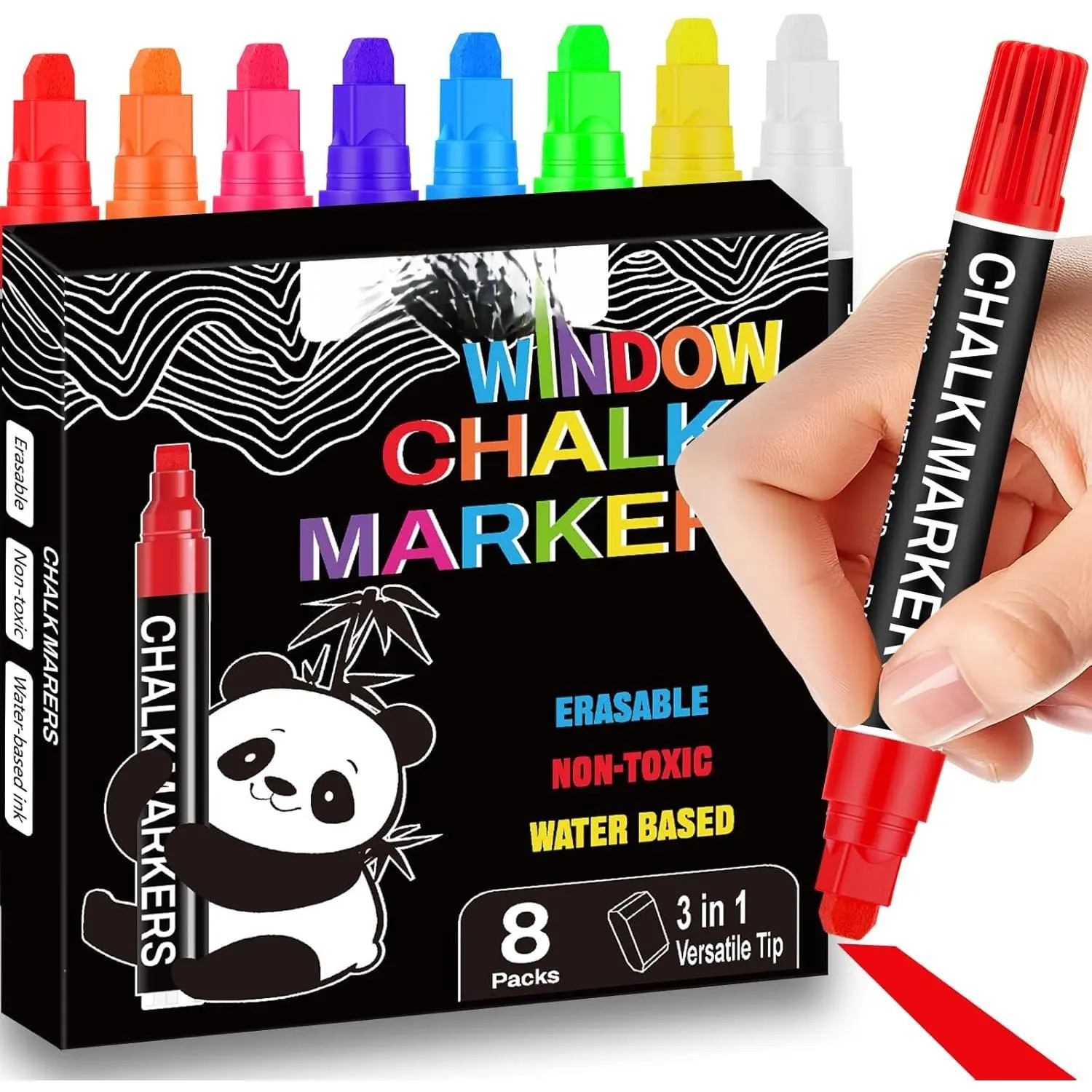 Window Chalk Markers for Glass Washable, 8mm 3-in-1  Liquid Chalk Marker Thick Nib, Erasable   Pens for Auto Window, Mirror, LED Board, Bistro & Poster Art - 8 Colors