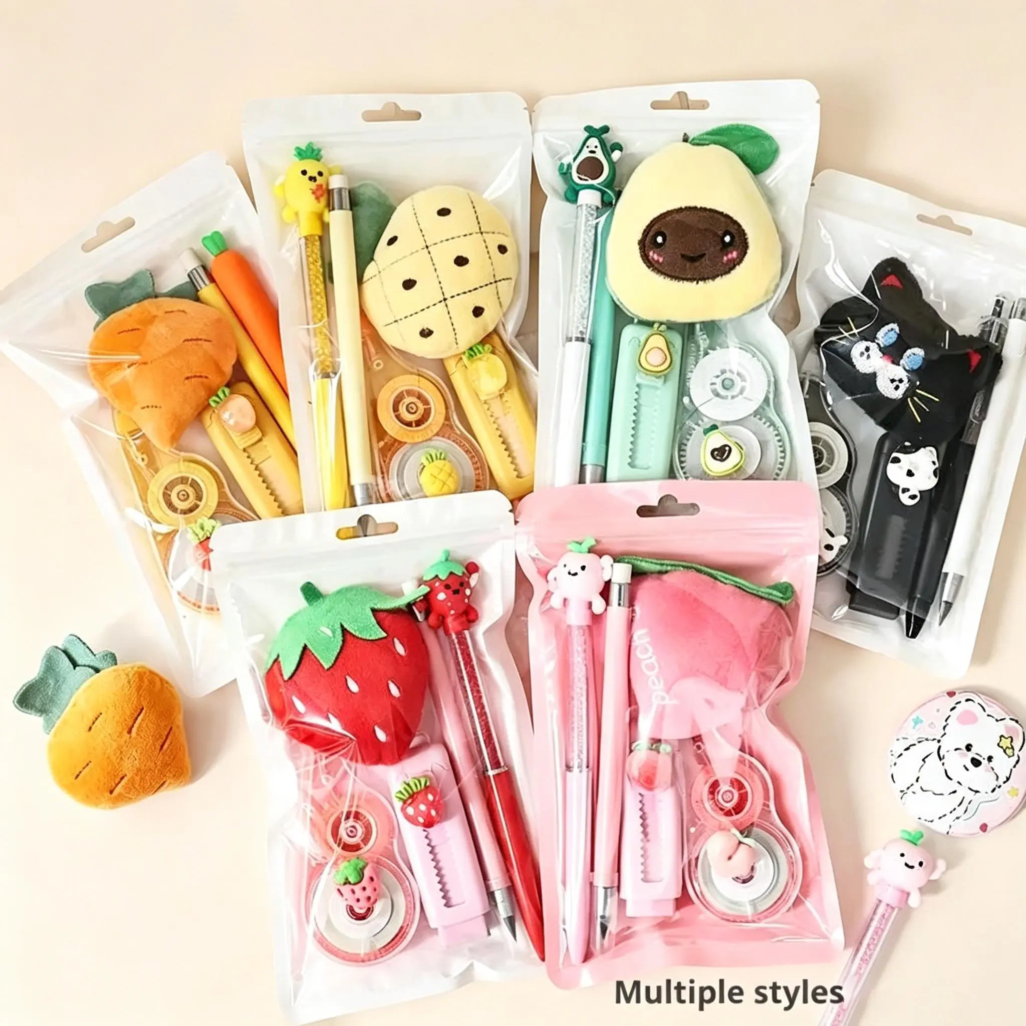 Kawaii Cartoon Fruit & Animal Stationery Set 5pcs, Cute Gel Pens, Correction Tape, Push Eraser & Plush Ornament, Aesthetic Kids School Supplies, Classroom Reward Birthday Gift for Girls Students