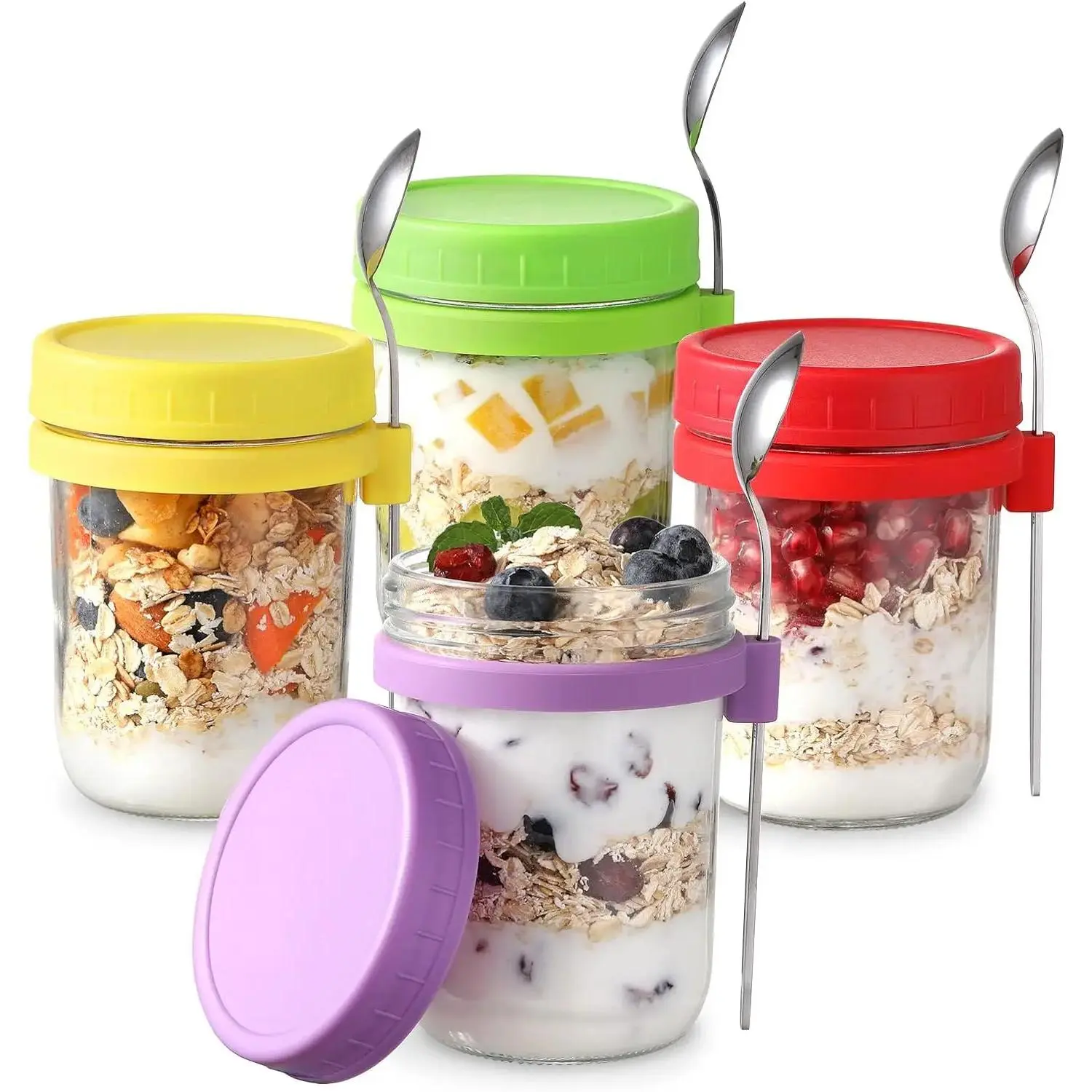 4 Pack 16 oz Airtight Seal Glass Overnight Oats Containers with Lids and Non-Popping Longer Reusable Spoons - Kitchen Canisters, Convenient for Storage, Easy to Clean for Milk, Cereal, 16Oz, Glass Jars