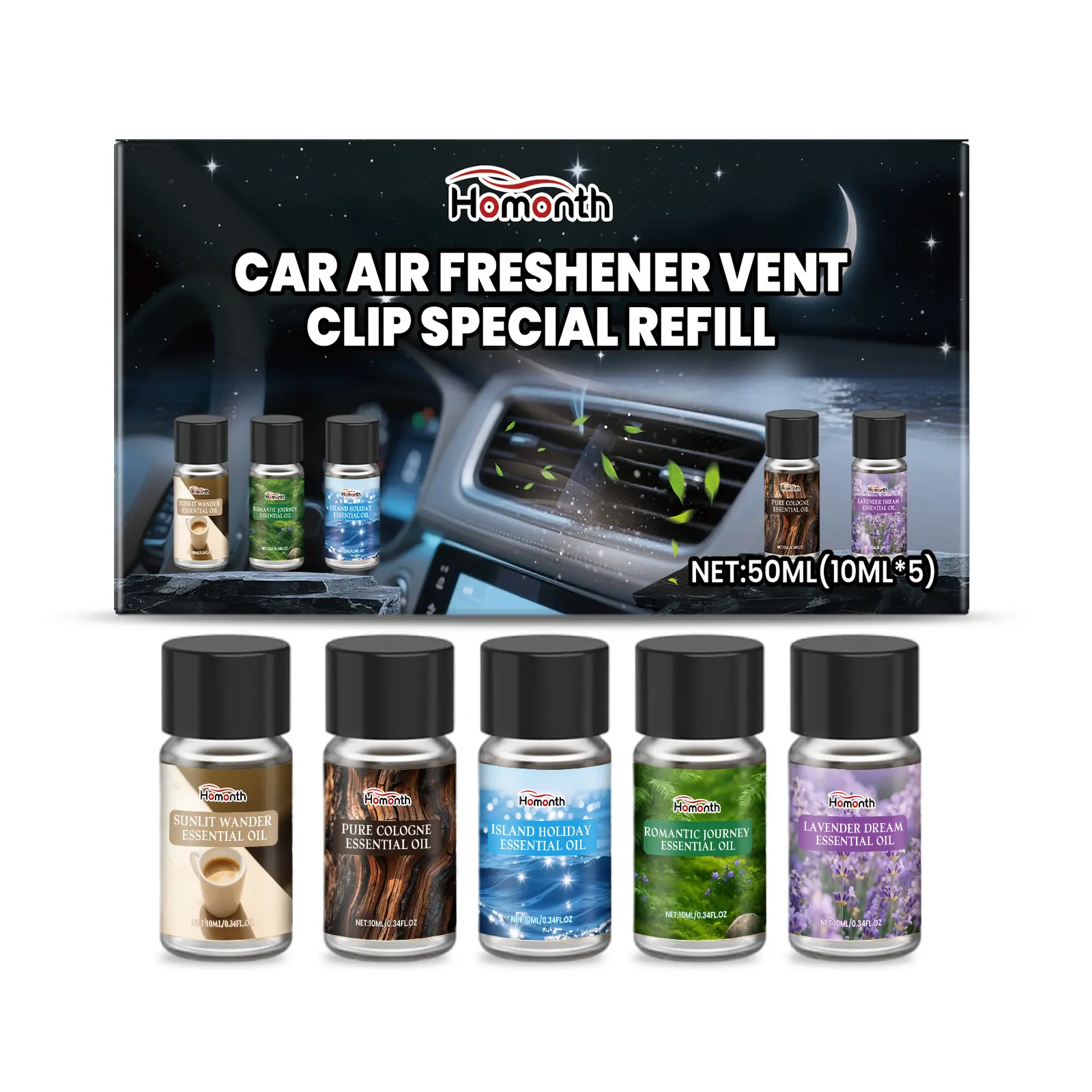 Homonth Gel Car Air Freshener Set - 2.25*5.9cm, 84g, 3 Years Long-Lasting, Glycerin & PEG-40 Hydrogenated Castor Oil Formula, Elegant Daily Fragrance for Fresh Car Interior Air