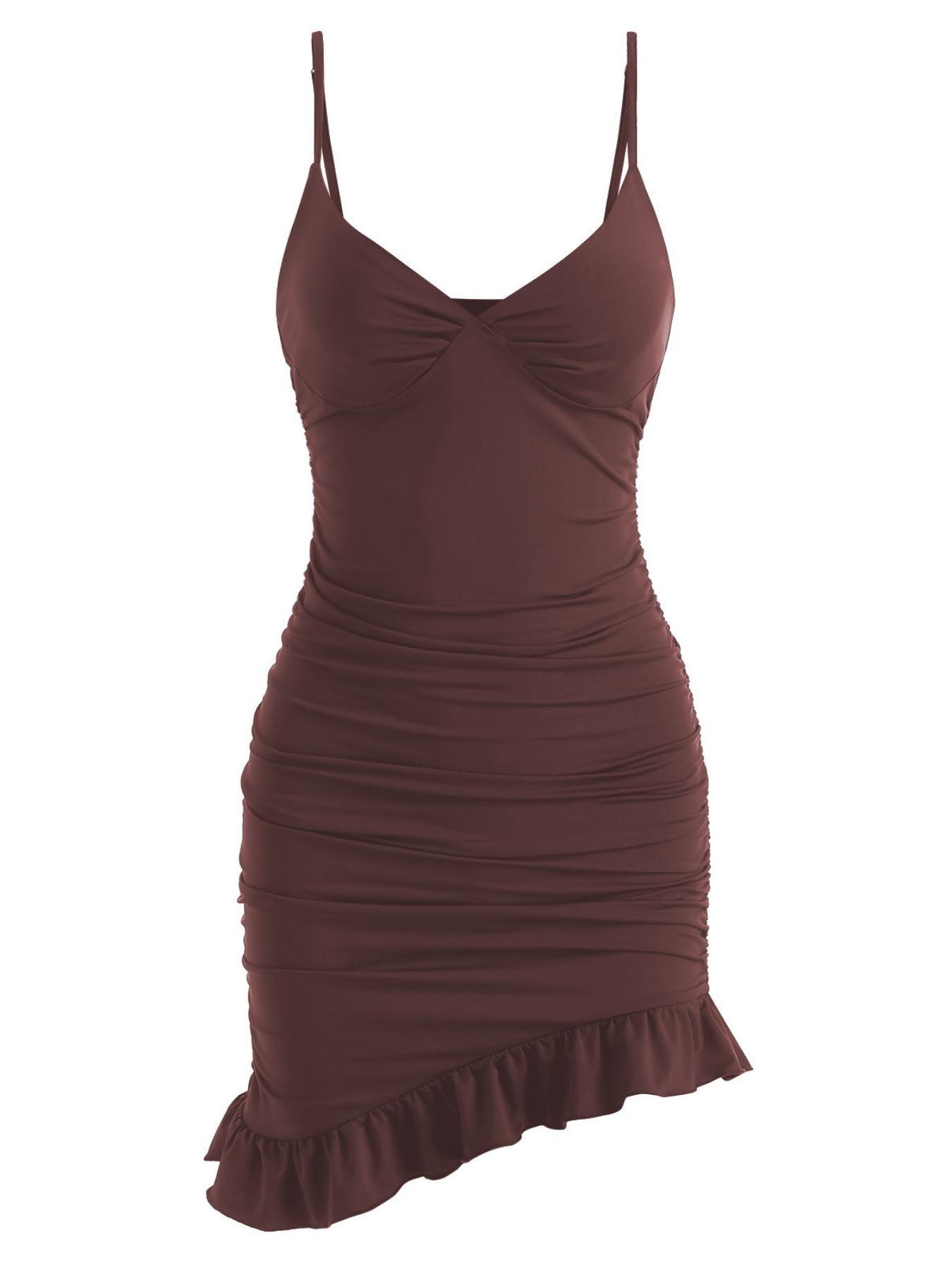 Women's Asymmetrical Ruffle Hem Ruched Cami Bodycon Dress, Summer Dresses, Chic Elegance, Casual Formal Womenswear, Sleeveless Adjustable Spaghetti Strap Mini Sundress for Party Holiday, Slim Fit Polyester Womenswear, Date Night Dresses