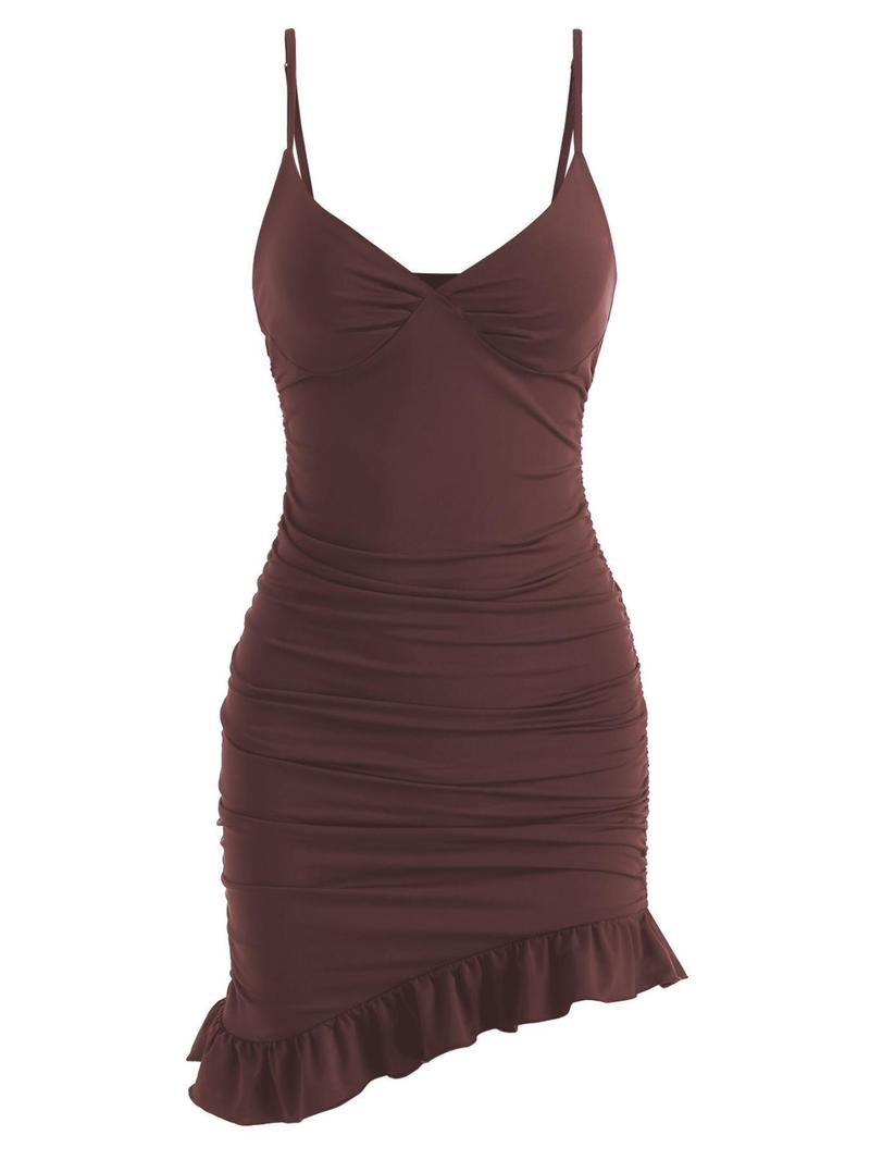 Women's Asymmetrical Ruffle Hem Ruched Cami Bodycon Dress, Summer Dresses, Casual Formal Womenswear, Sleeveless Adjustable Strap Spaghetti Strap Mini Sundress for Party Holiday, Ladies Clothes, Slim Fit Polyester Womenswear, Date Night Dresses