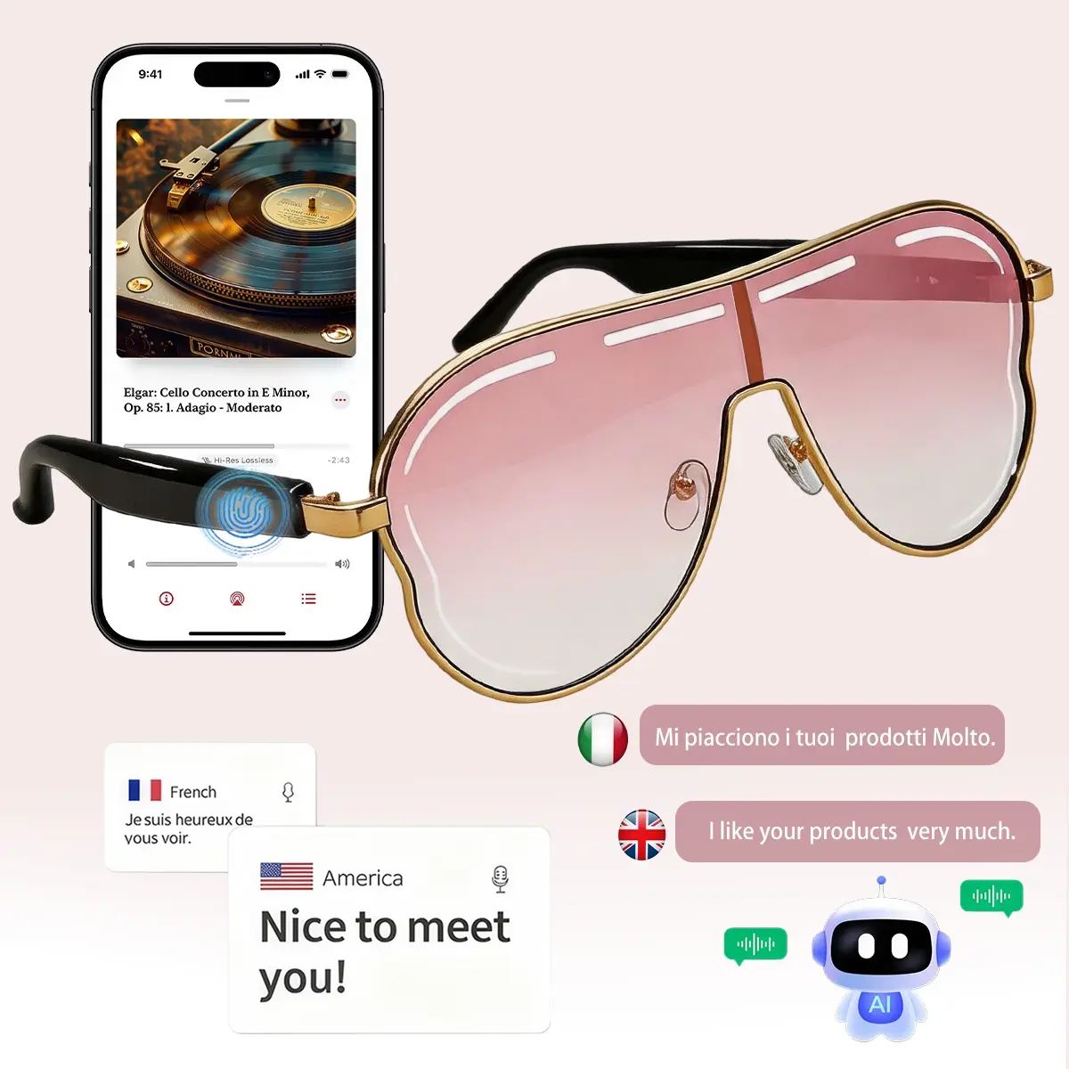 Smart Glasses, Bluetooth Audio Sunglasses with AI Translation, Open Ear Music, Voice Control, Camera Remote, UV Protection  Pink Lens Eyewear for Vacation Hiking Driving Outdoor Use