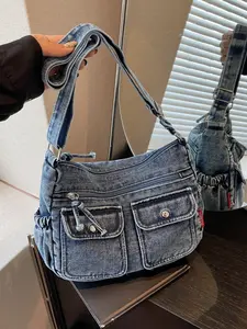 Retro minimalist denim multi-pocket shoulder bag, adjustable strap crossbody bag, lightweight large-capacity everyday commuter underarm bag