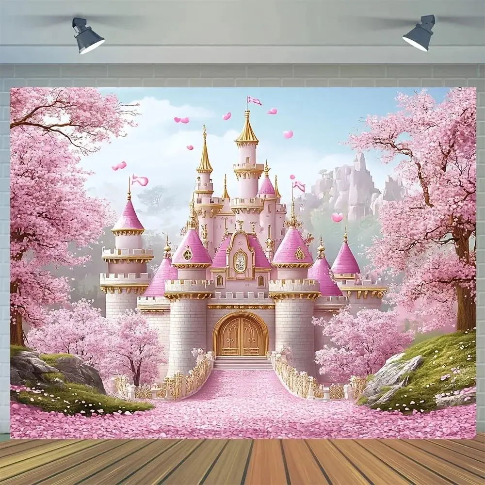 Premium Polyester Fairy Tale Pink Castle Print 1-Piece Multi-Size Machine Wash Photo Backdrop - Lightweight Home Decor Tapestry Wall Hanging for Princess Girls Birthday, Wedding, Spring Cherry Blossom Photography, Birthday Party