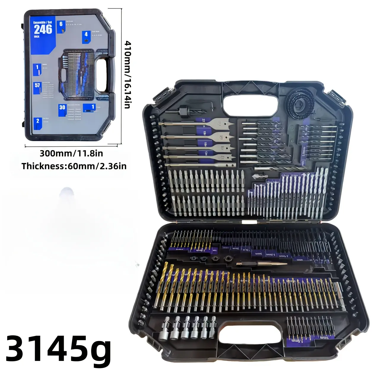 246 piece drill set with storage box, with gloves, high-speed steel spiral drill - coated woodworking metal drill, multi-function electric tool accessories, woodworking tapper, hand-held electric drill, flat drill and Fried Dough Twists drill for cutting,