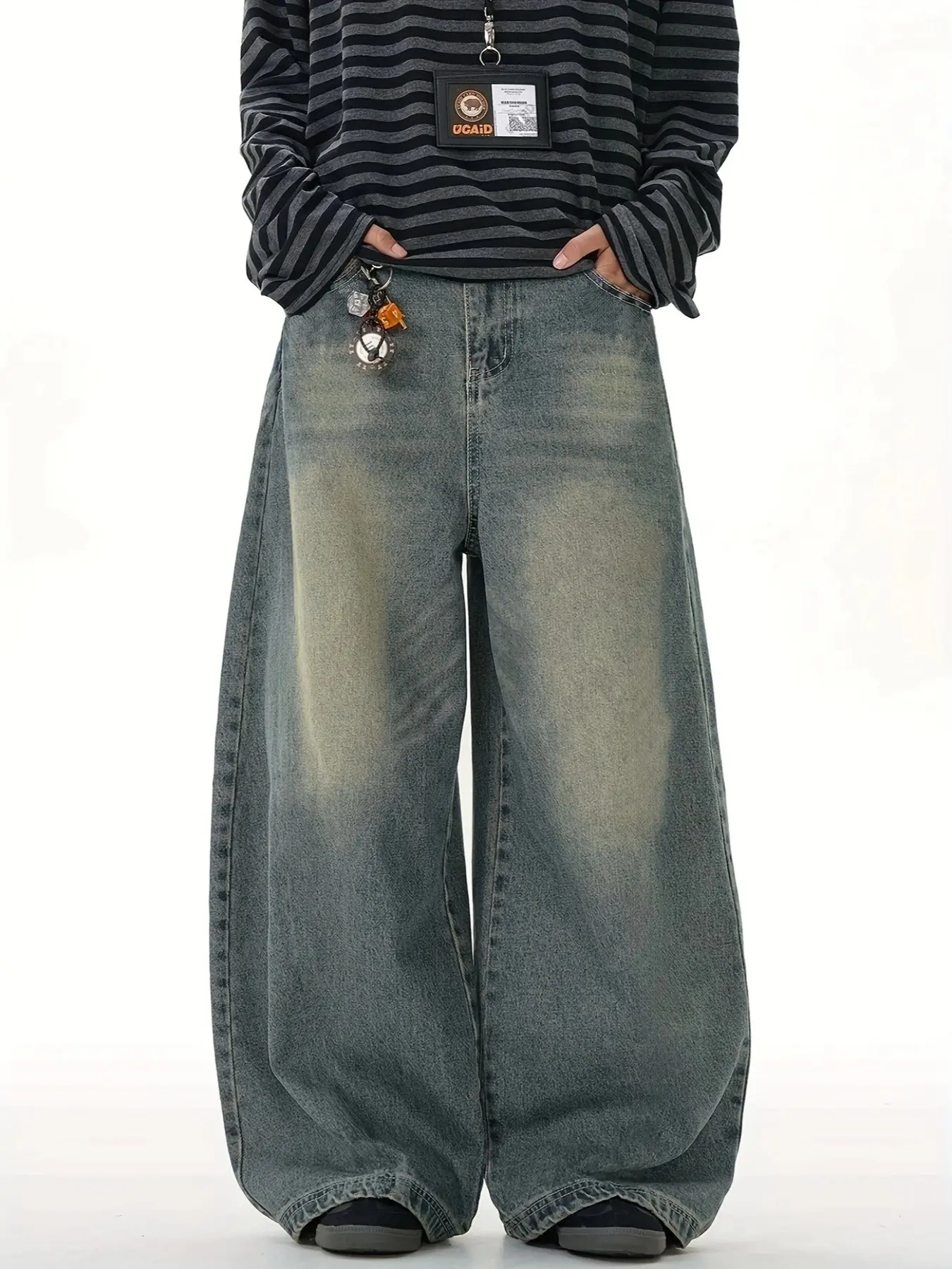 Men's Trendy Light Blue Wide-Leg Jeans, Loose-Fit Distressed Washed Streetwear Pants, Casual Basic Everyday Wear, Multiple Sizes Available