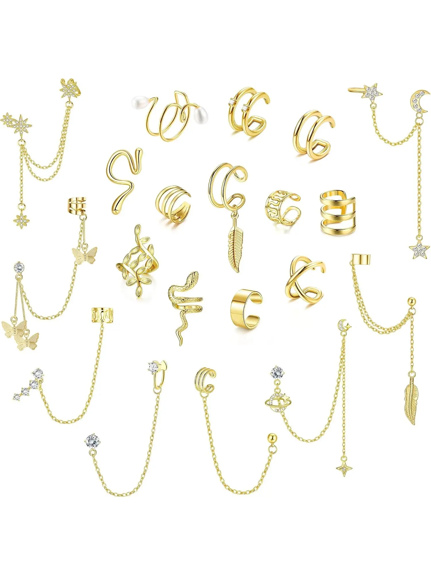 20Pcs Non Piercing Ear Cuff Set for Women, Adjustable Helix Cartilage Wrap Cuffs & Chain Clip On Earrings, No Hole Piercing Jewelry, Ideal for Daily Beach Party Festival Wear