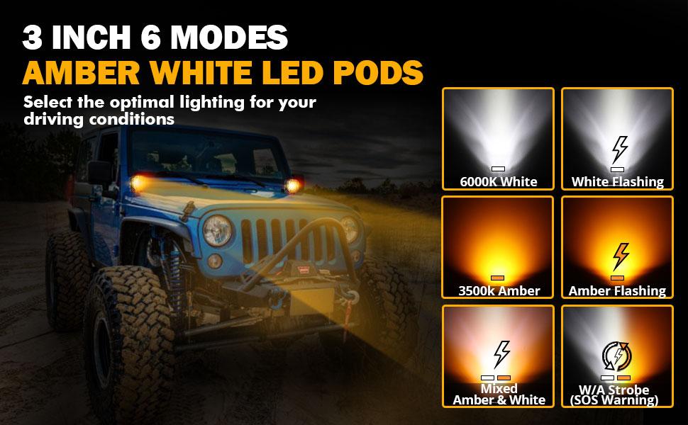 AUXBEAM XP-Ultra Series 3 Inch 6 Modes Dual Color LED Light Pods 96W Spot Flood Combo Amber White for Trucks Jeep IP68 Waterproof Offroad Driving Lights 2pcs Set LED Car Lights LED Work Lights