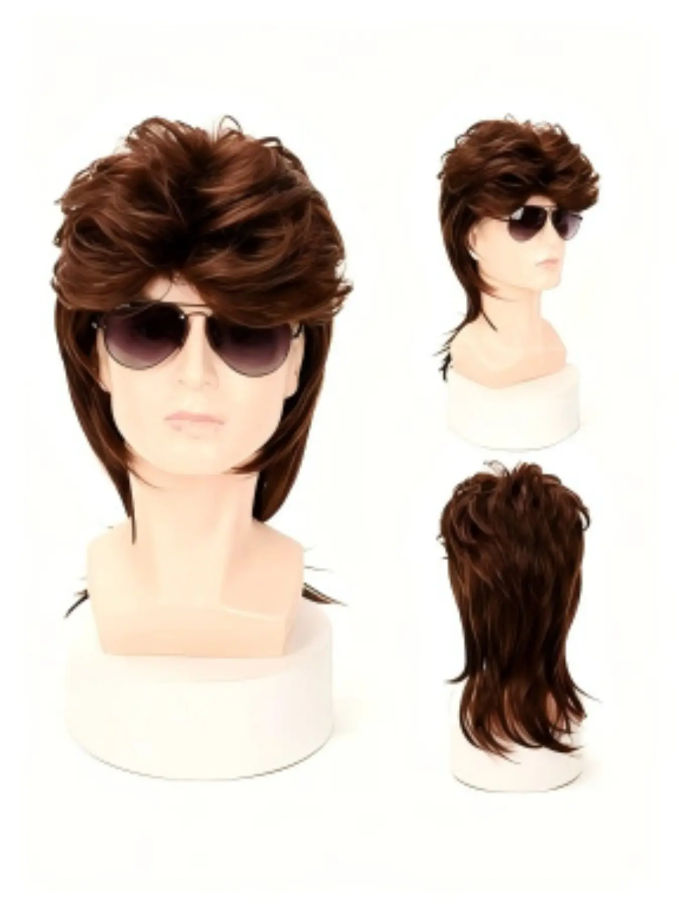 1Pcs Brown 80s Retro Mullet Wig for Men Women, Premium Soft Heat Resistant Synthetic Fiber Wig, Fluffy Anti-Tangle Rock Punk Costume Hair Wig for Halloween Party Cosplay Disco Retro Themed Festival Synthetic Wigs