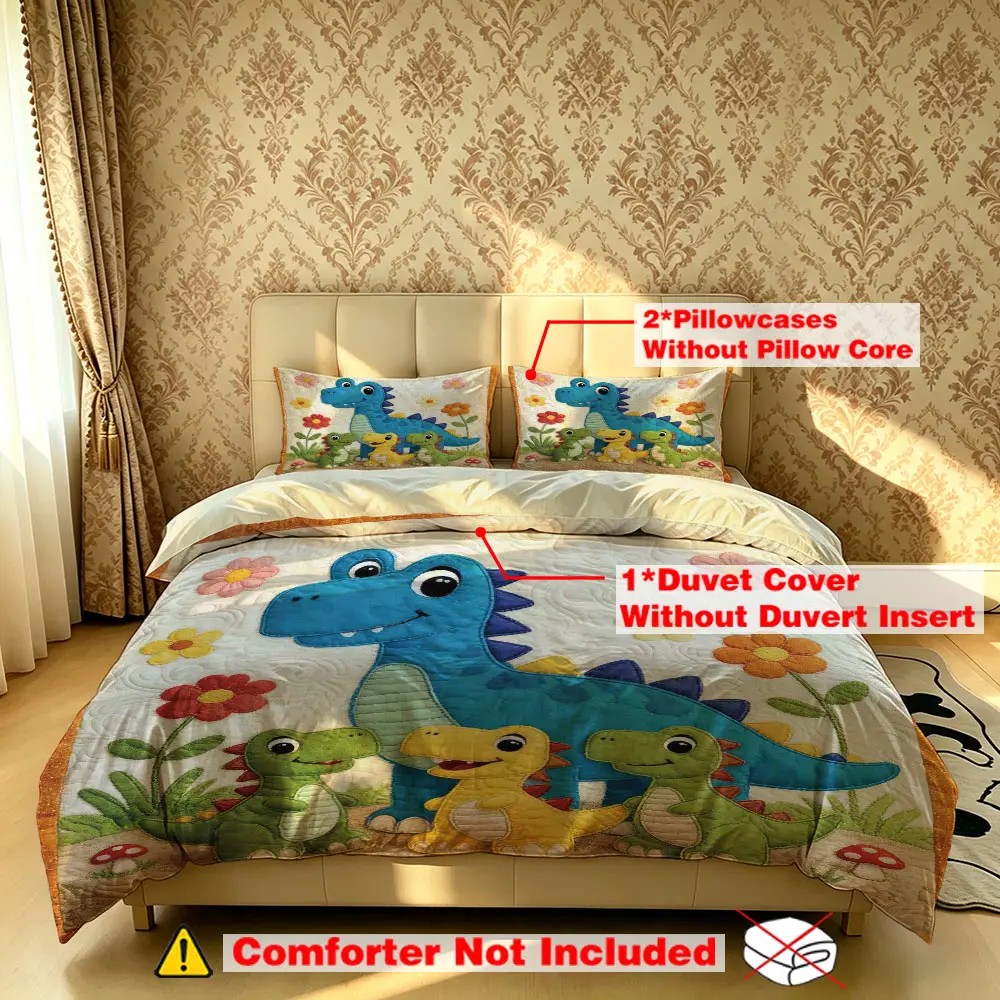 A set of 3pcs cartoon dinosaur flower pattern bedding sets, including 1 bedding set and 2 pillowcases (no filling), which are soft and comfortable, suitable for single beds, double beds, and can be used in bedrooms, dormitories, and hotels.