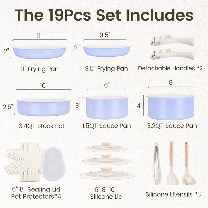 Ceramic Nonstick Pots and Pans Set 19 count with Detachable Handle, Induction Dishwasher Oven Safe Cookware Set, RV Kitchen Set Removable Handle (Light Purple) Ceramic Nonstick Pots and Pans Set 19 count with Detachable Handle, Induction Dishwasher Oven Safe Cookware Set, RV Kitchen Set Removable Handle (Light Purple)