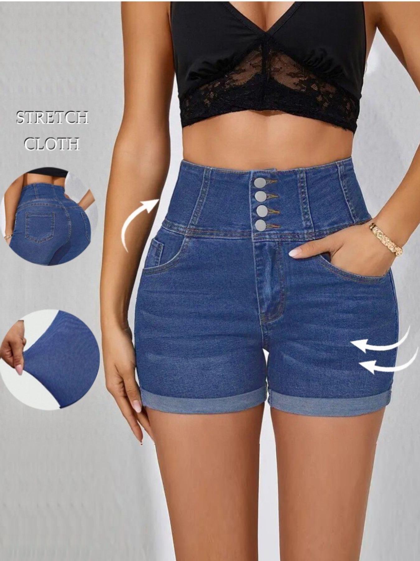 Women's High Waist Denim Shorts, Casual Comfy Button Fly Skinny Shorts for Daily Wear, Ladies Bottoms for All Seasons