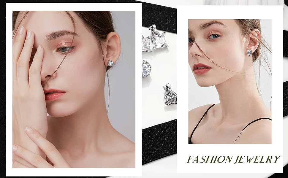 (No Piercing Needed) Clip-On Earrings Set with Cubic Zirconia Hypoallergenic White Gold plated Studs for Sensitive Ears Unisex comfort fit SpringStatements