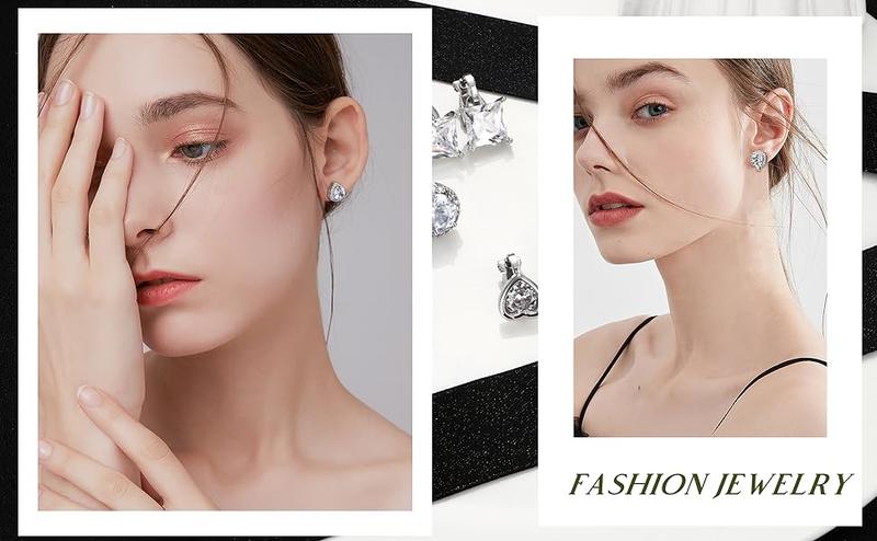 (No Piercing Needed) Clip-On Earrings Set with Cubic Zirconia Hypoallergenic White Gold plated Studs for Sensitive Ears Unisex comfort fit