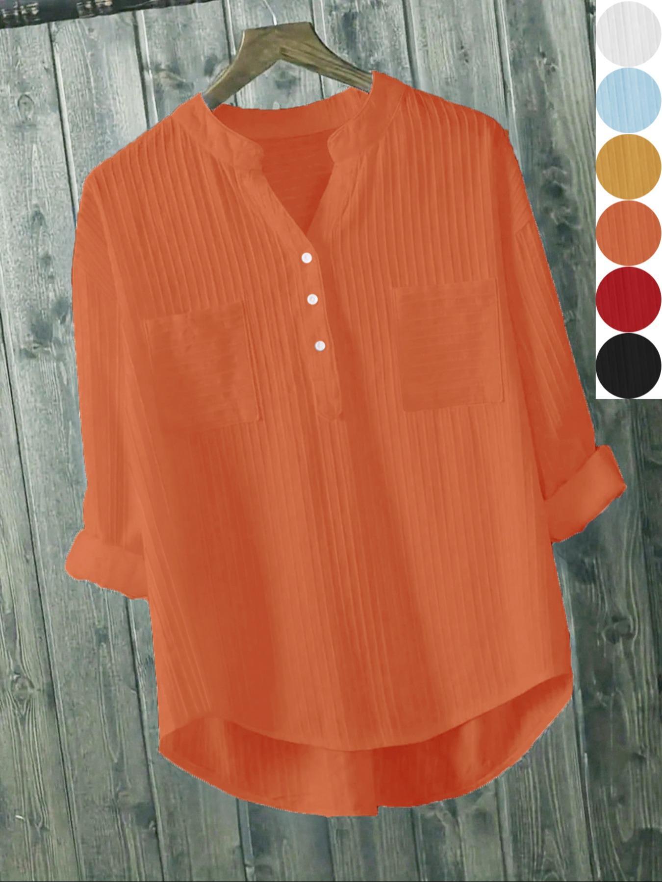 Women's Plain Button Front High Low Hem Shirt Blouse, Casual Long Sleeve Notched Neck Top for Daily Wear, Ladies Clothes for All Seasons